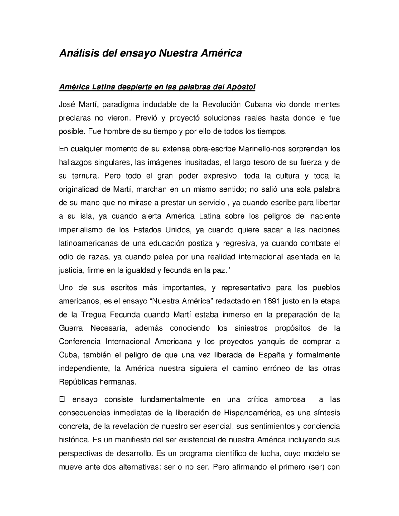 Resumen Sobre Nuestra America Docsity
