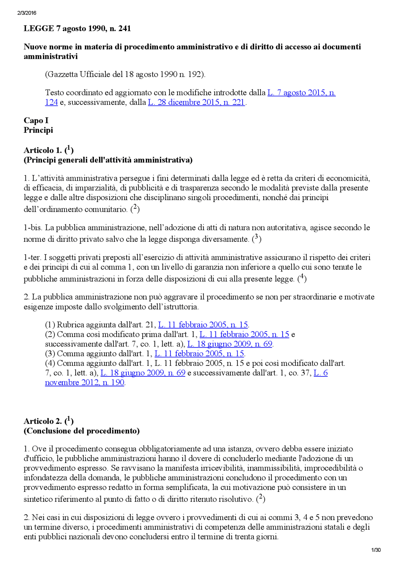 Legge LEGGE 7 agosto 1990, n. 241 aggiornata alla legge 2015 Docsity