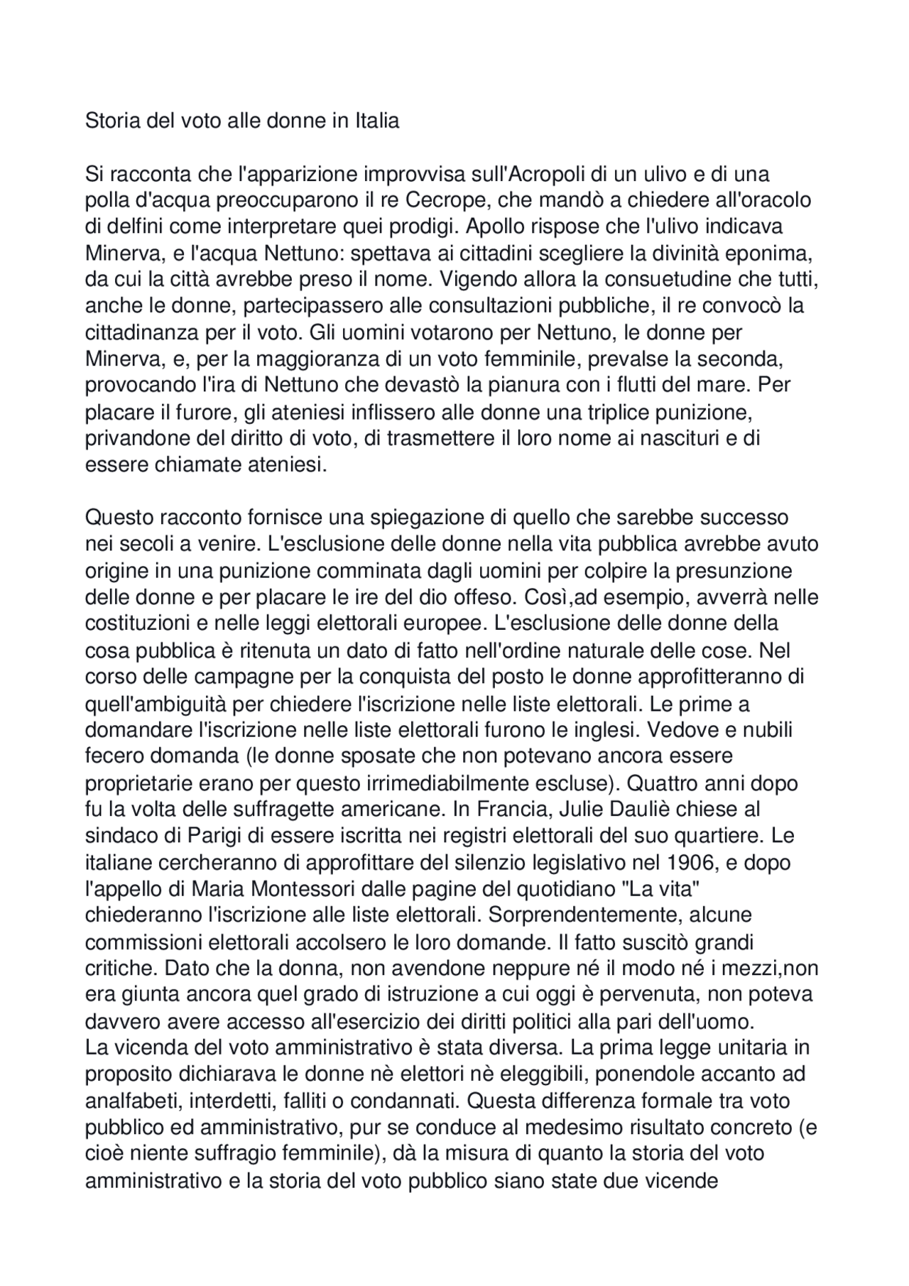 Storia del voto alle donne in italia - Docsity