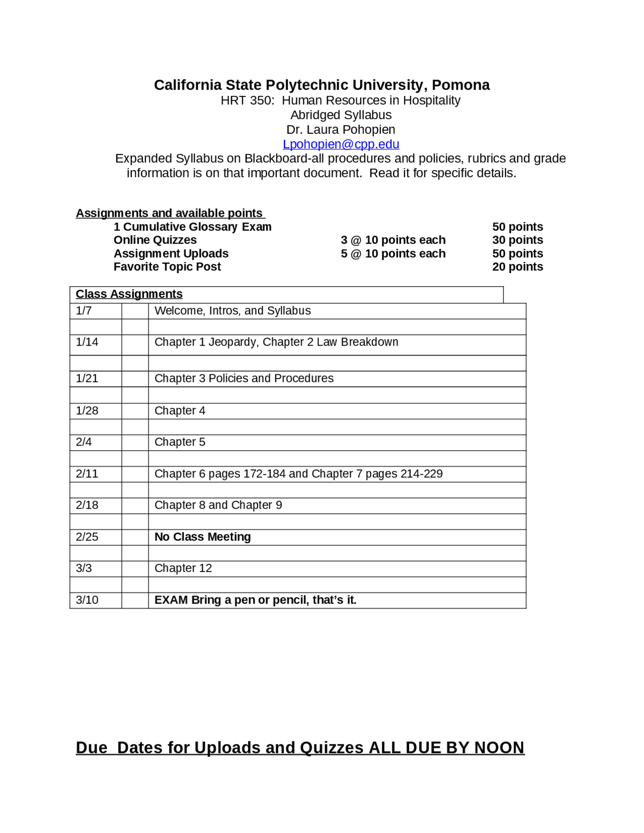 HRT 350 HR in Hospitality Syllabus & Assignments at Cal Poly Pomona