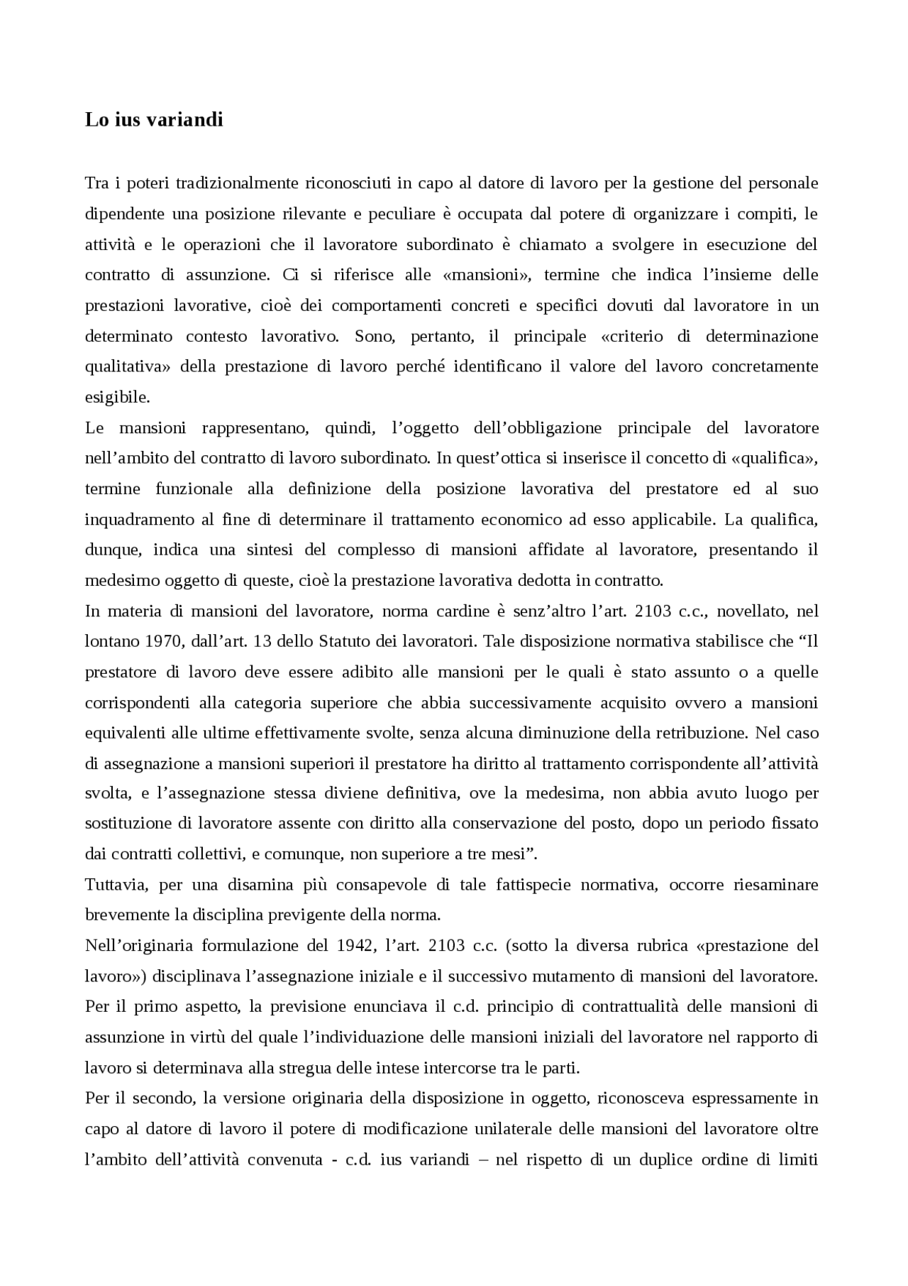 Lo ius variandi Docsity