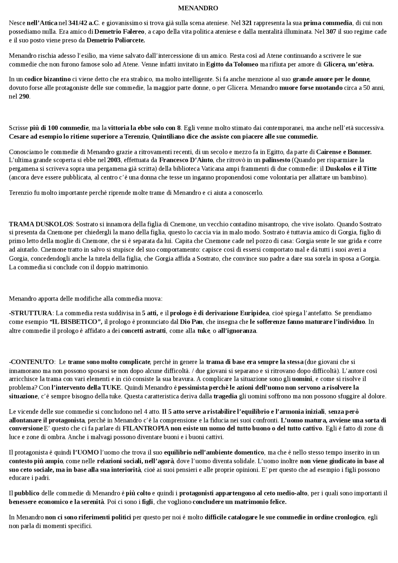 Menandro | Sintesi del corso di Greco | Docsity