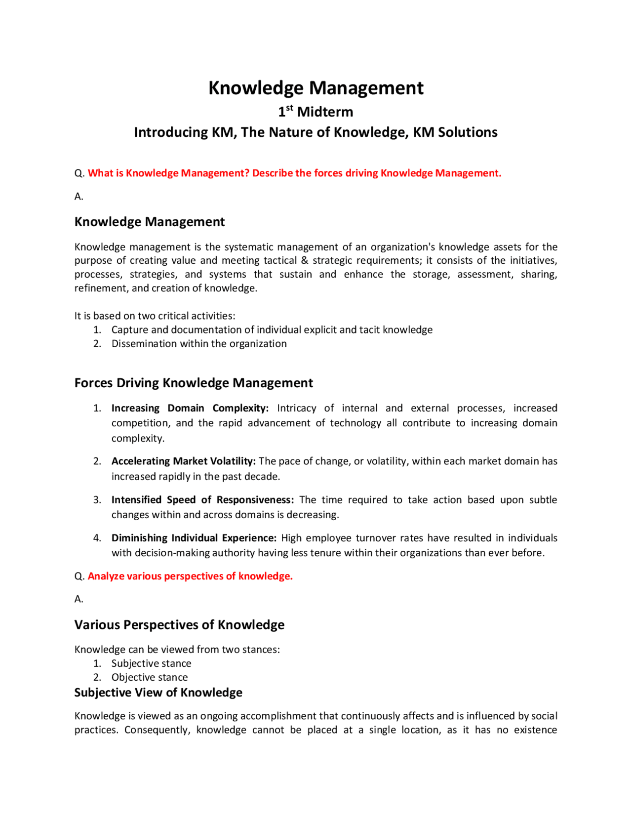 Knowledge management first mid note v2.0 - Docsity