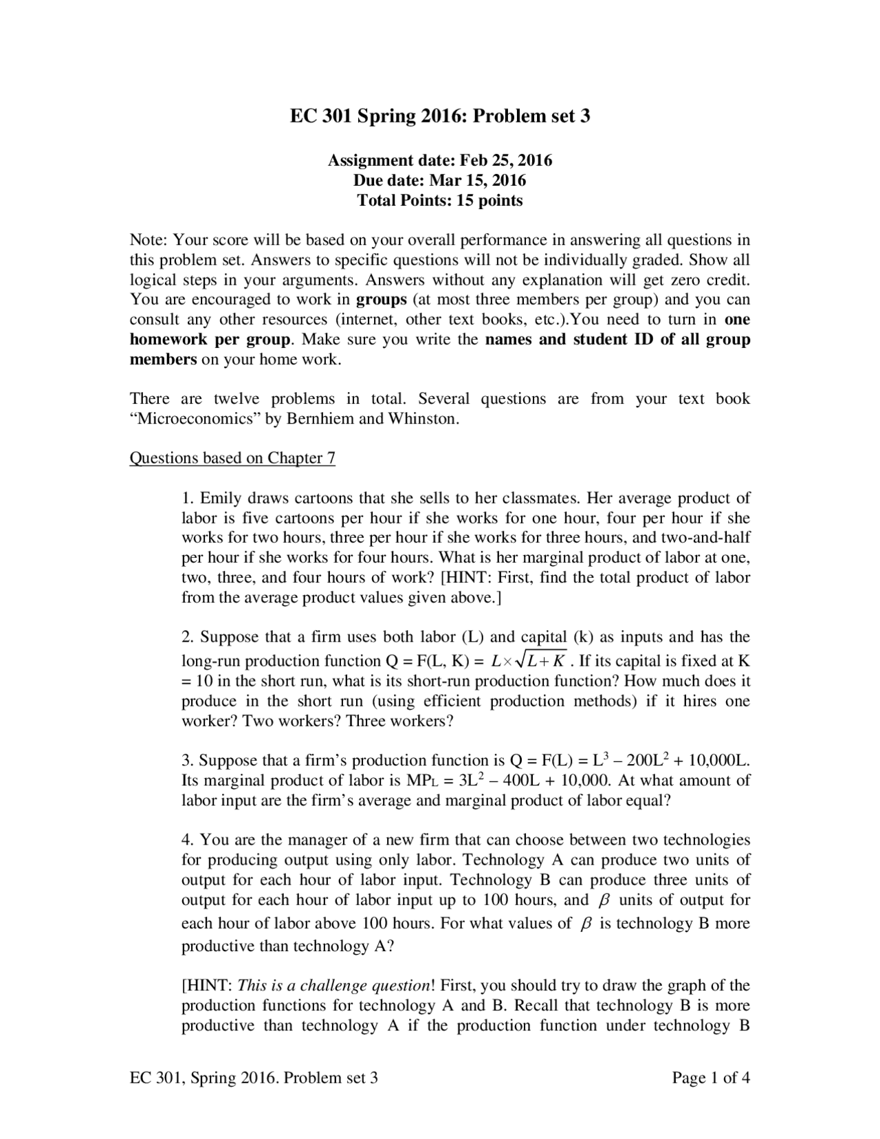 Problem Set 3 - Intermediate Microeconomics | EC 301 | Study notes ...