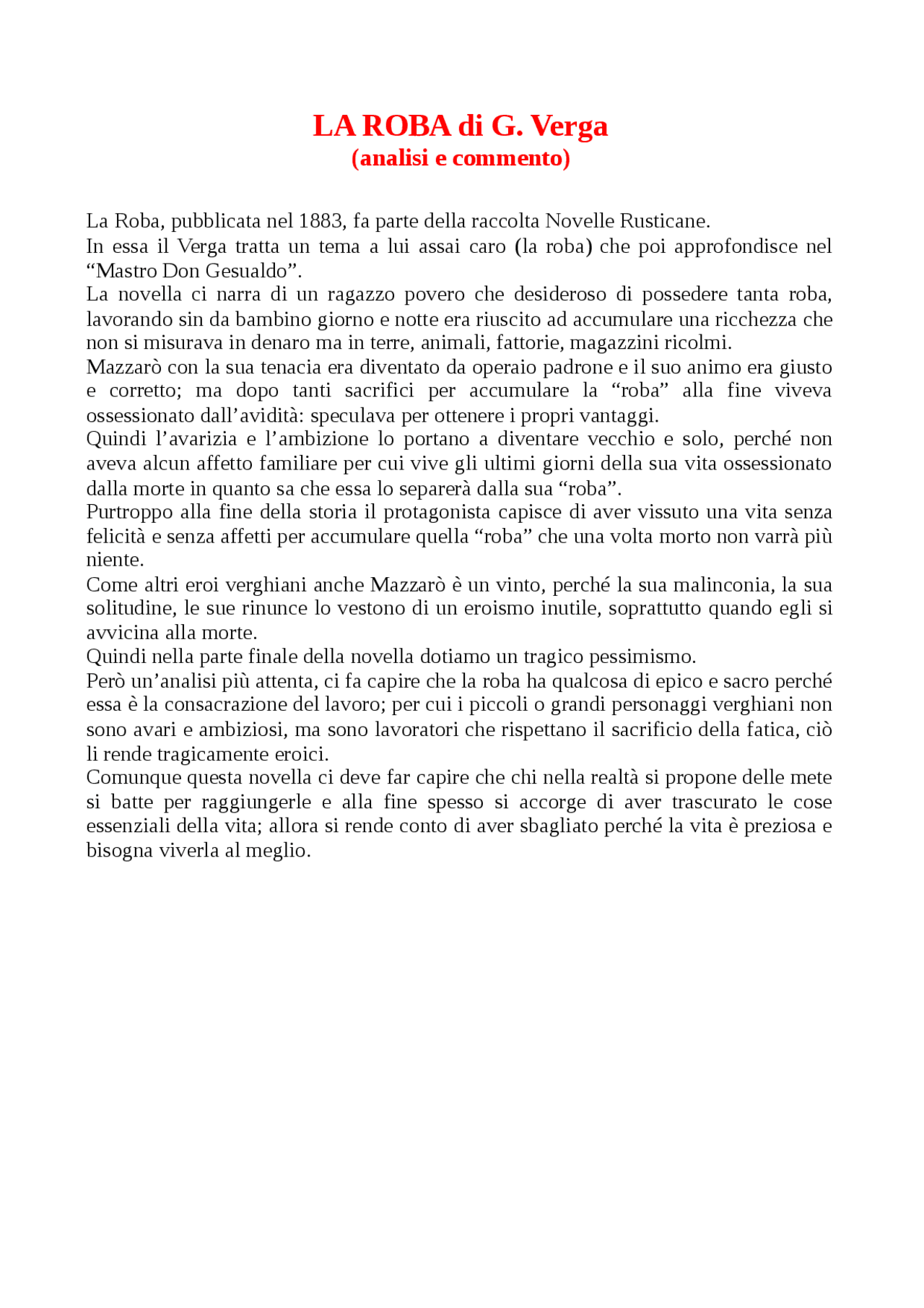 LA ROBA DI G. VERGA Docsity LA ROBA DI G. VERGA Docsity