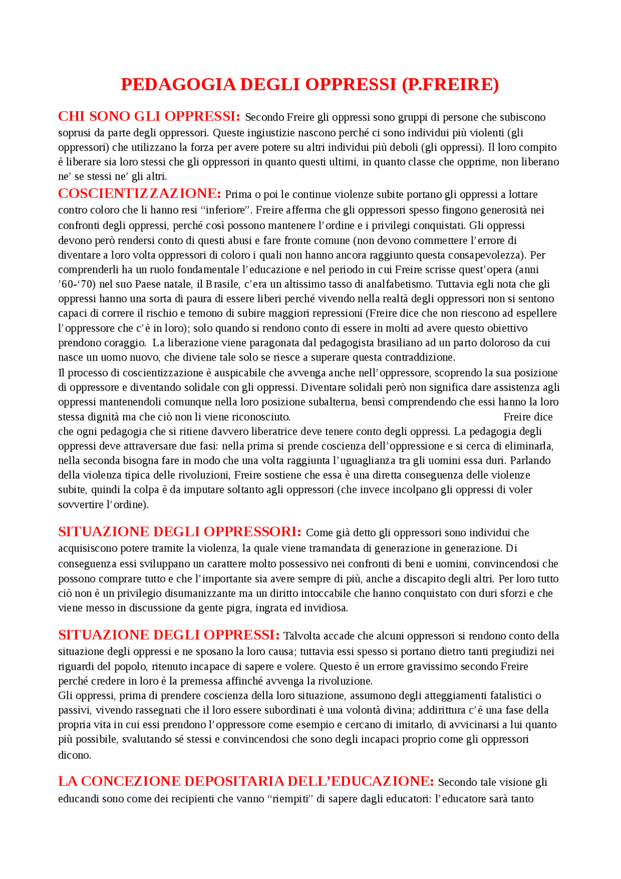 la pedagogia degli oppressi freire