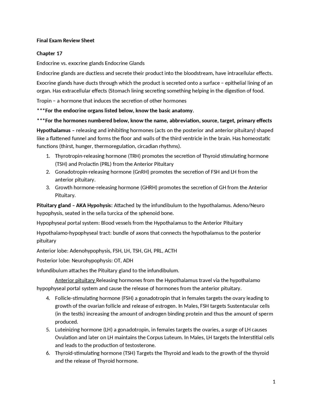 Final Exam Review Sheet - Human Anatomy and Physiology | BMSP 2136 ...