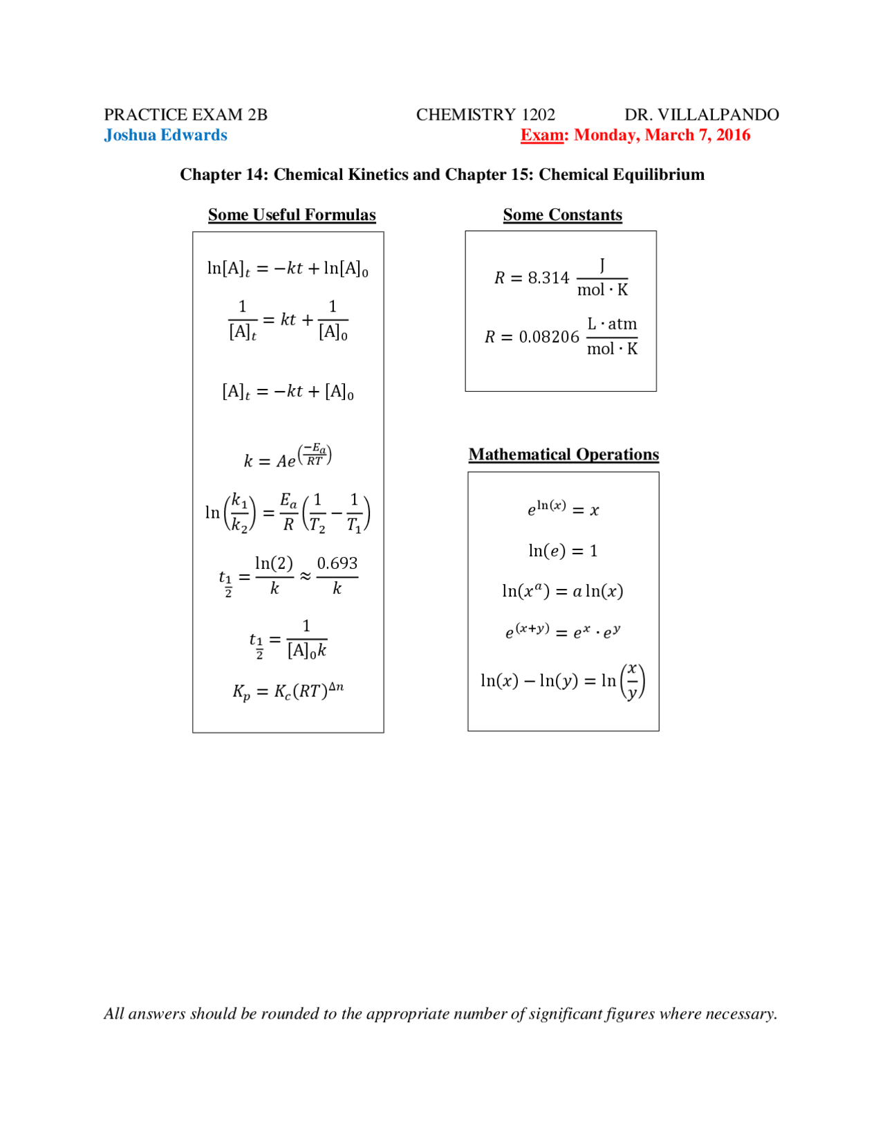 Practice Exam 2B with Answer Key - General Chemistry | CHEM 1202 - Docsity