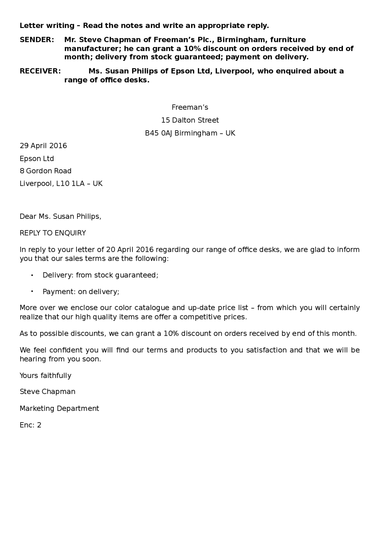 Letter writing reply to enquiry - Docsity