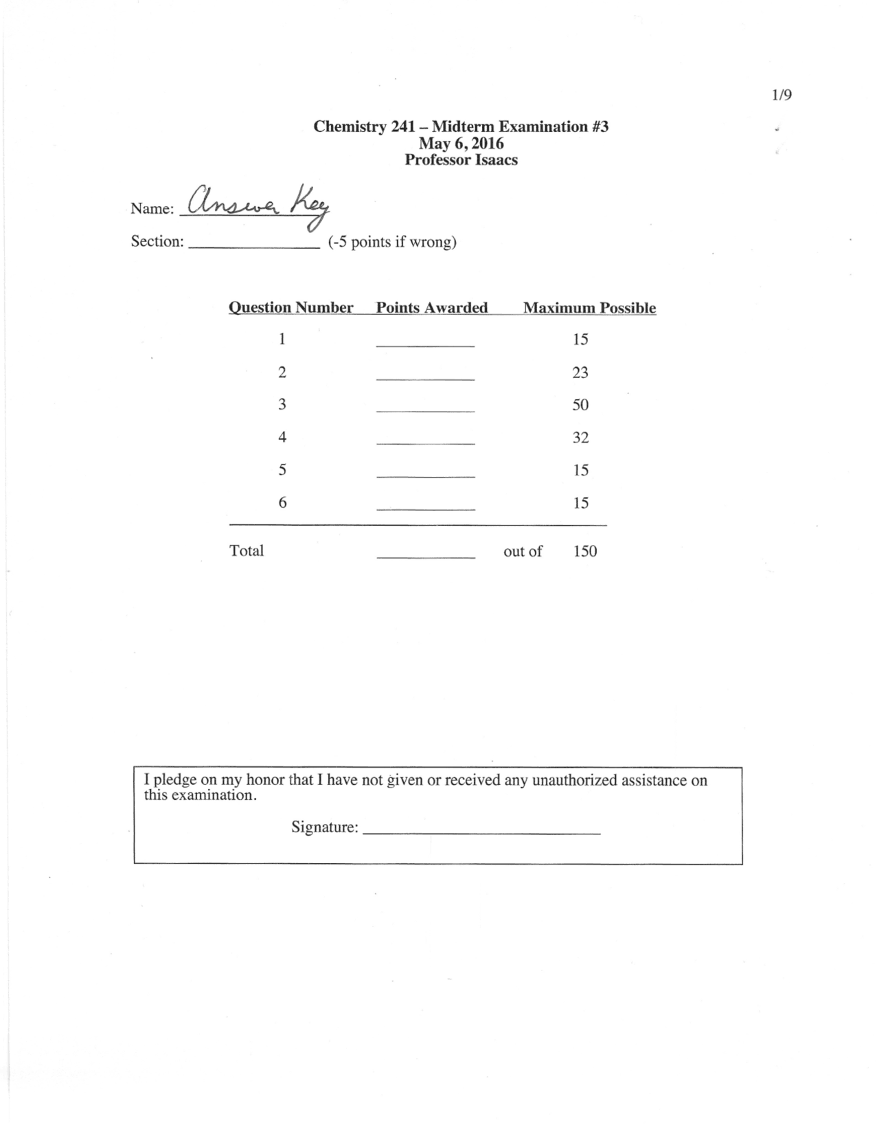 Midterm Exam 3 with Answer Key - Organic Chemistry II | CHEM 241 - Docsity