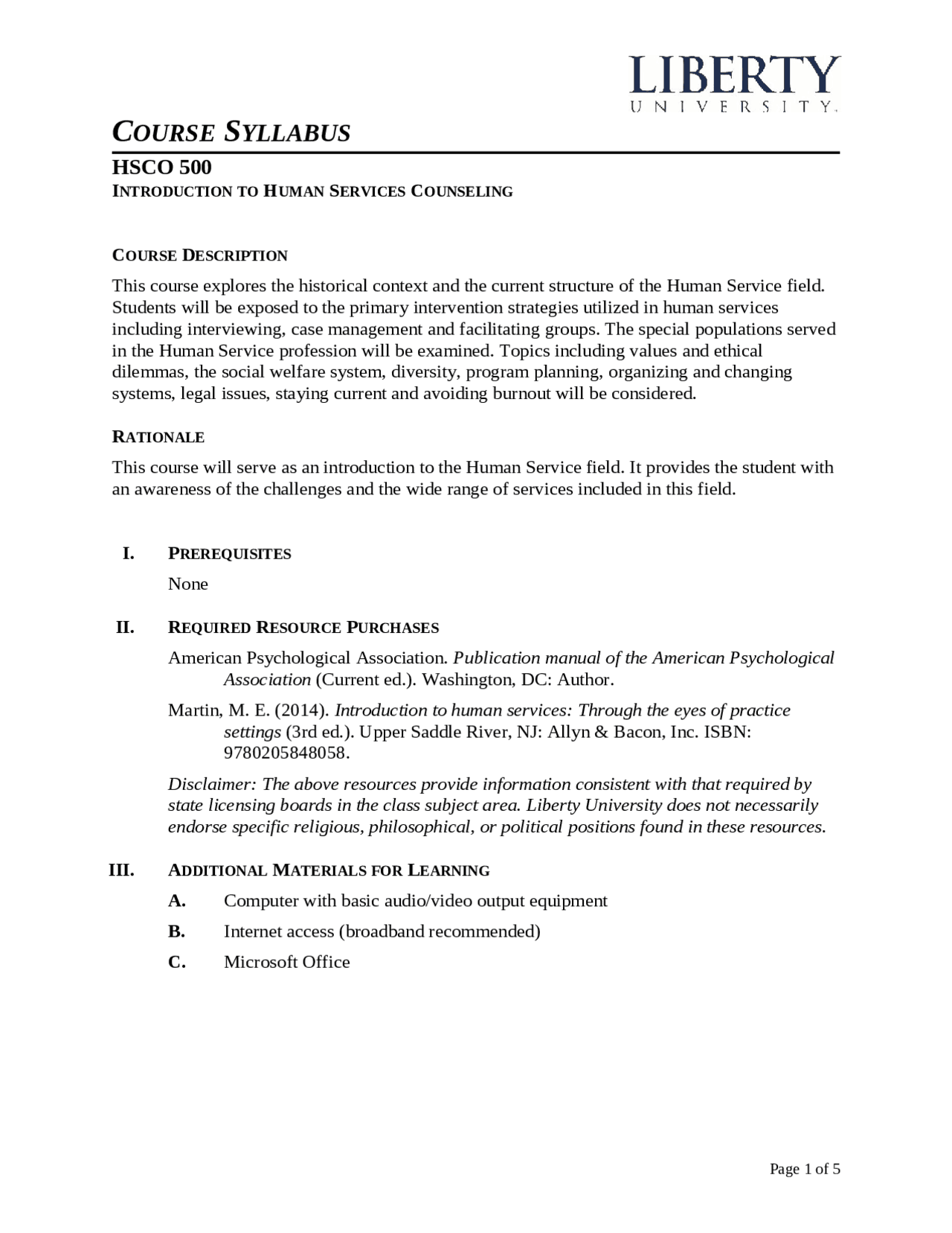 Course Syllabus for Introduction to Human Services | HSER 500 - Docsity