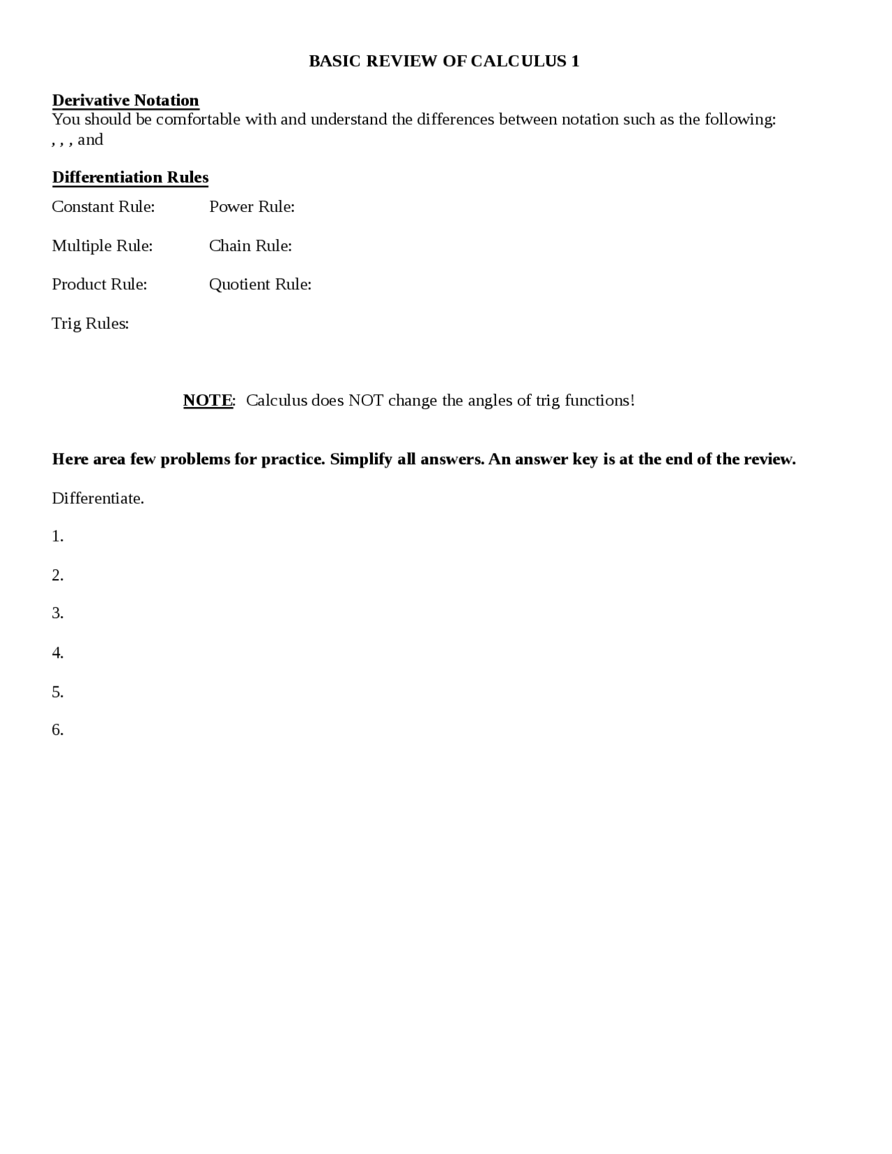 Basic review of calculus 1 - Docsity