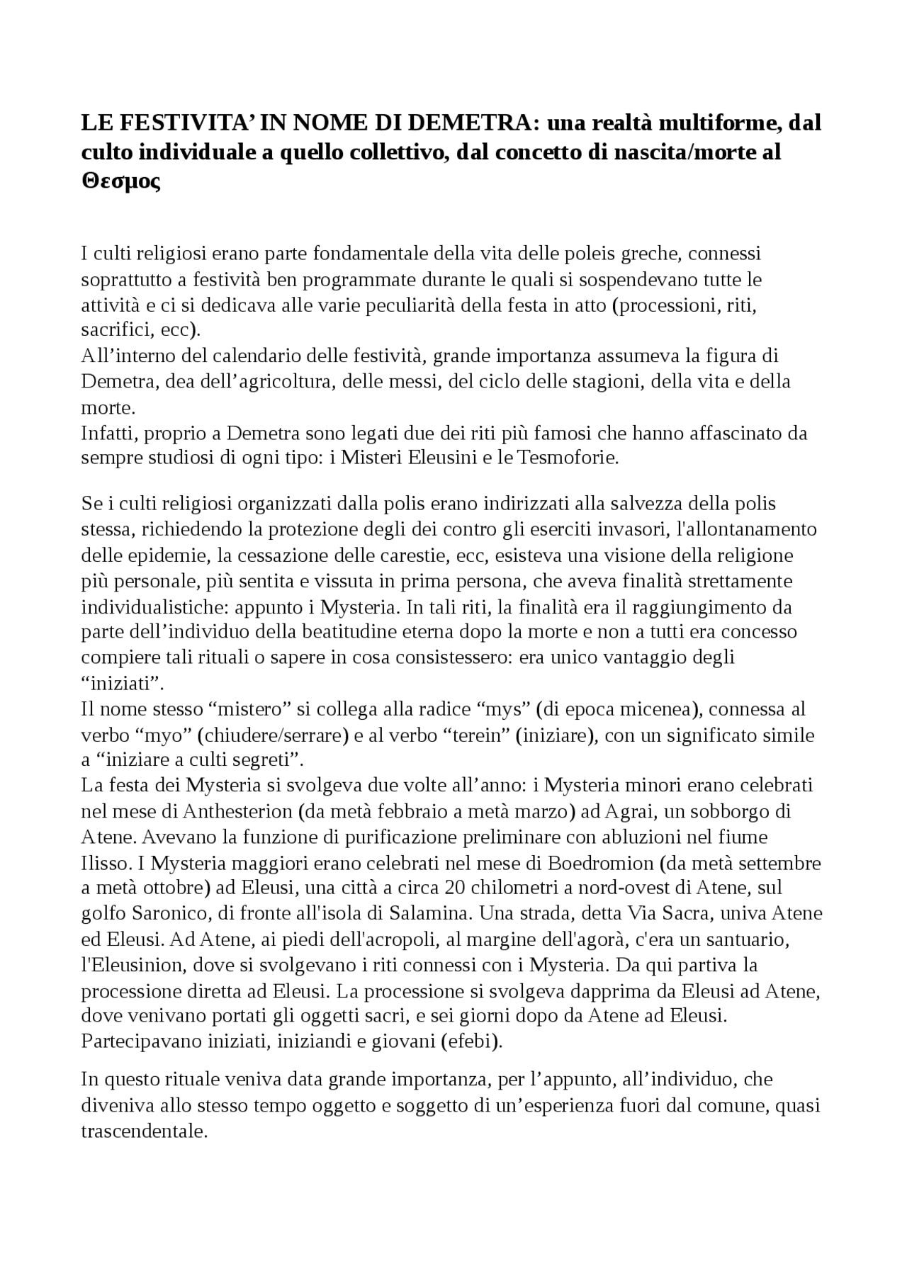 Relazione sulle Tesmoforie e la figura di Demetra Docsity