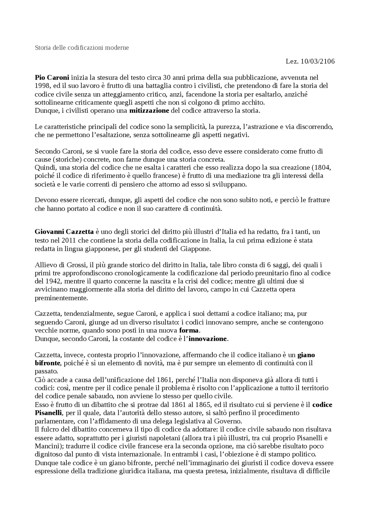 Storia delle codificazioni moderne, appunti del corso. - Docsity