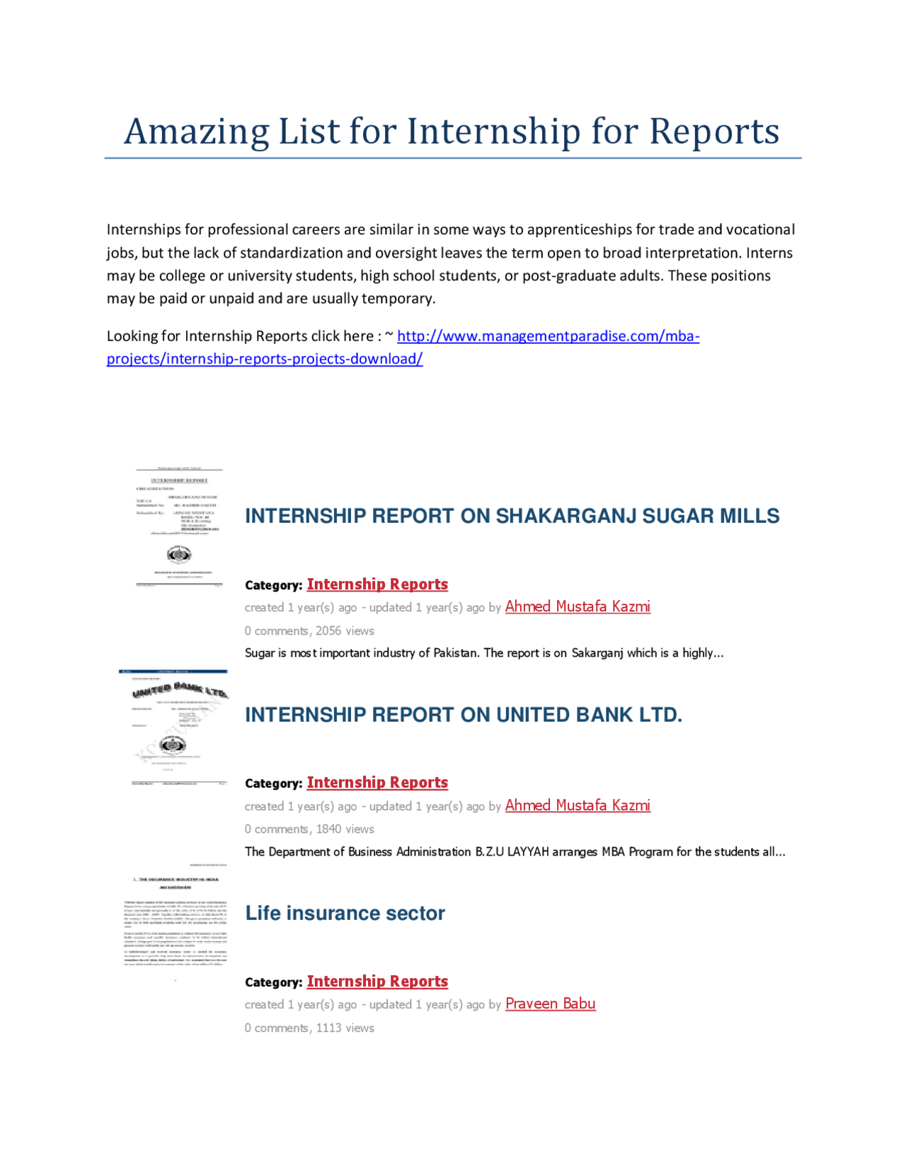 Amazing list for internship for reports - Docsity