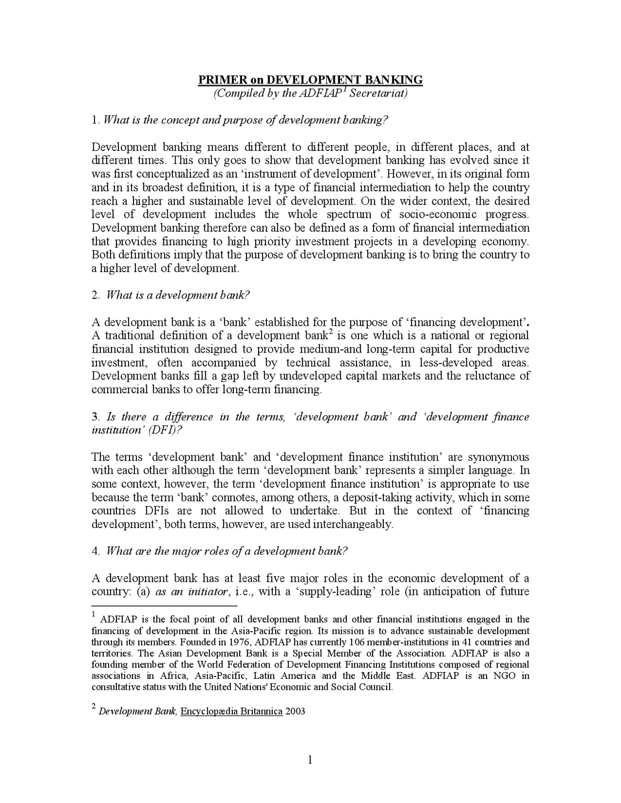 Development Banking Primer - Banking and Finance - Handout - Docsity