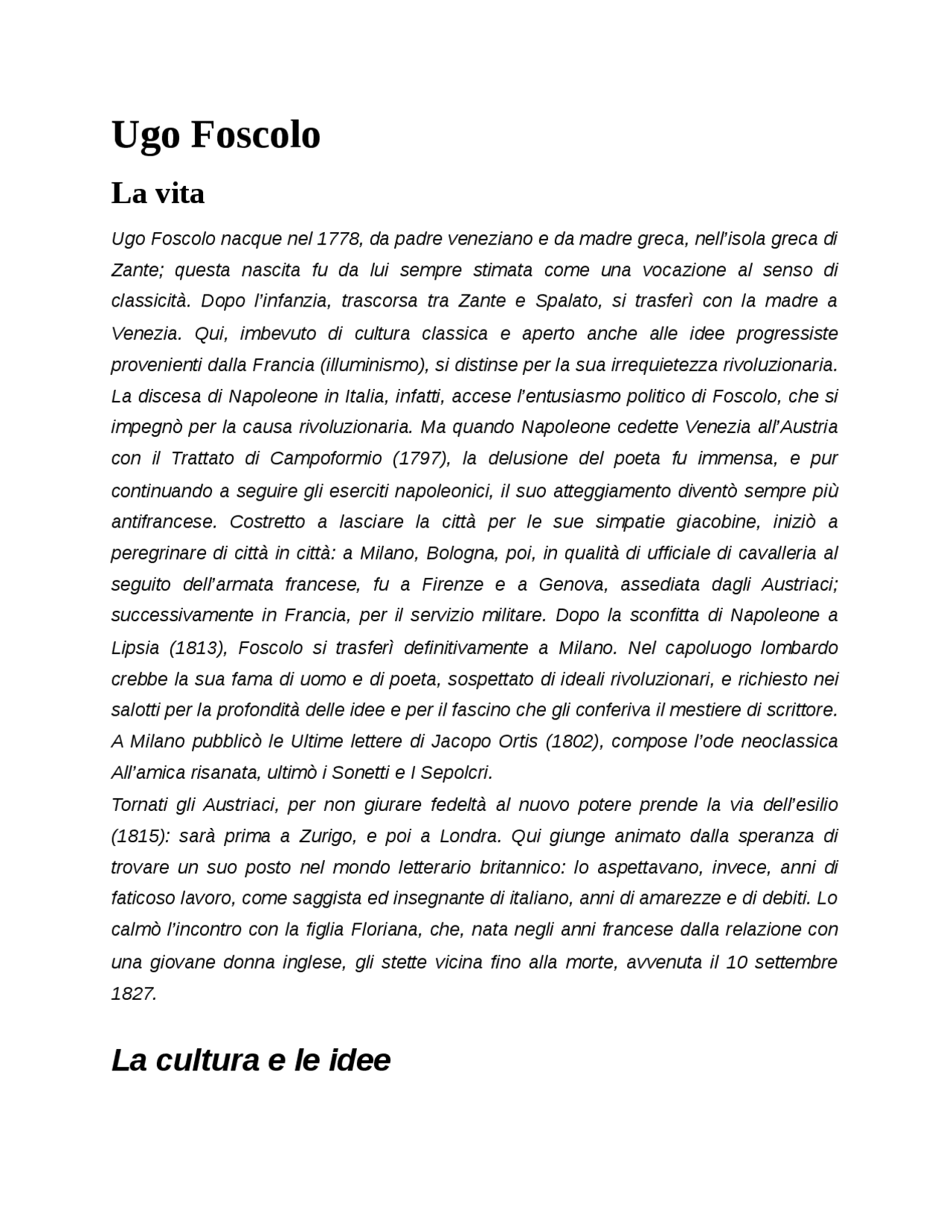 Ugo Foscolo (Riassunto per la maturità) Docsity Ugo Foscolo (Riassunto per la maturità) Docsity