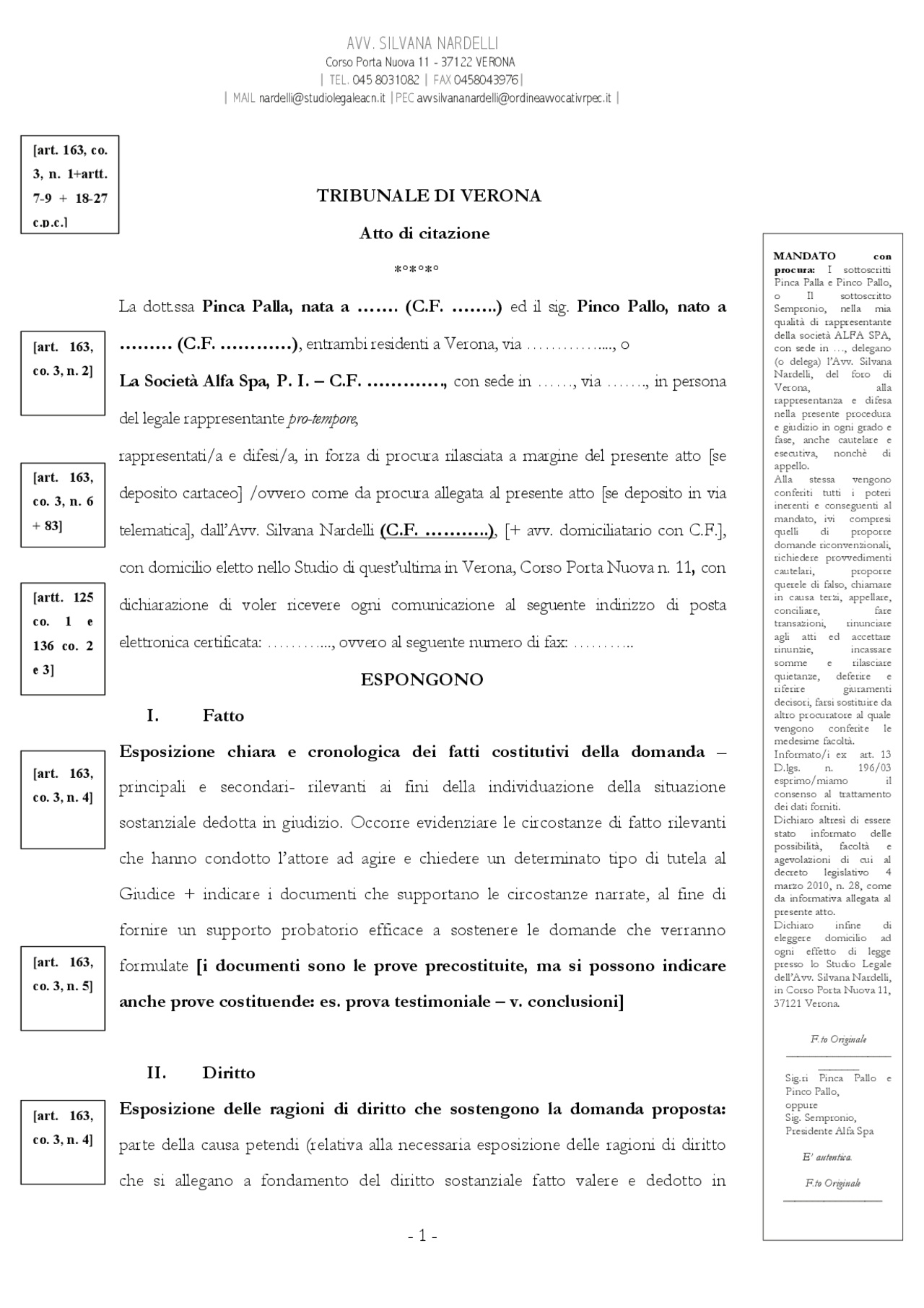 Traccia atto di citazione nov 2015 Docsity