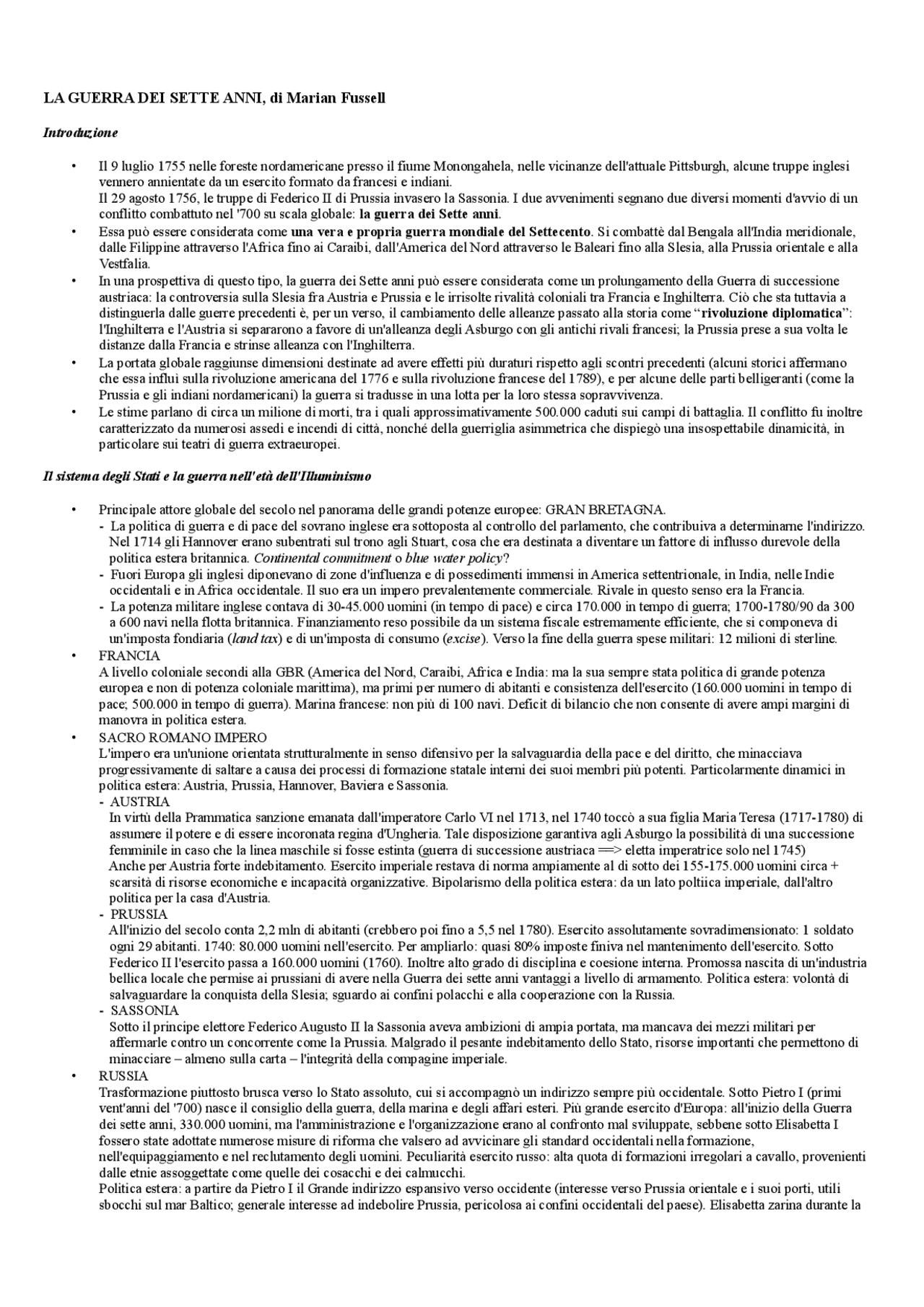 Fussell guerra dei sette anni | Schemi e mappe concettuali di Storia ...