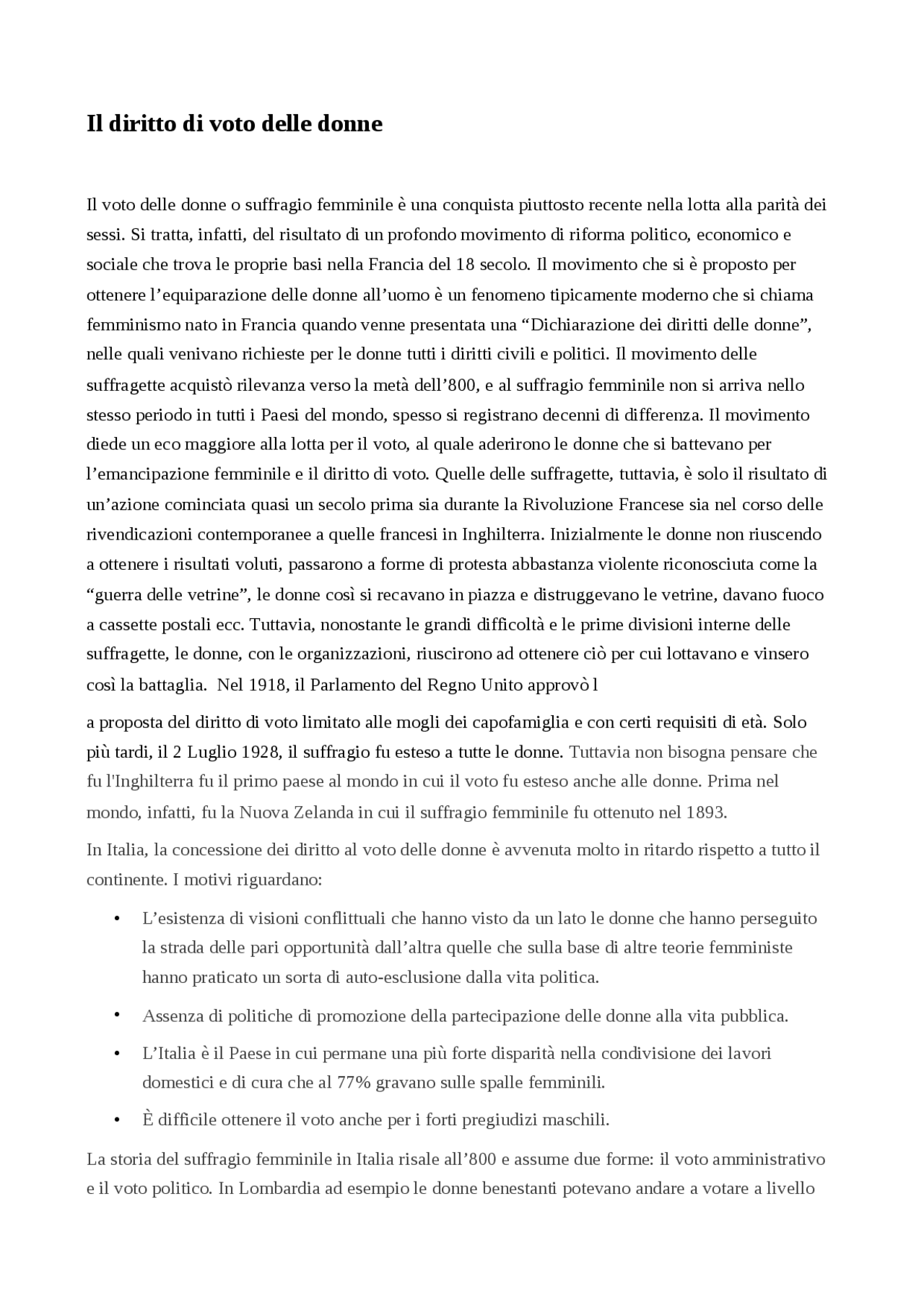 Il diritto di voto delle donne. - Docsity