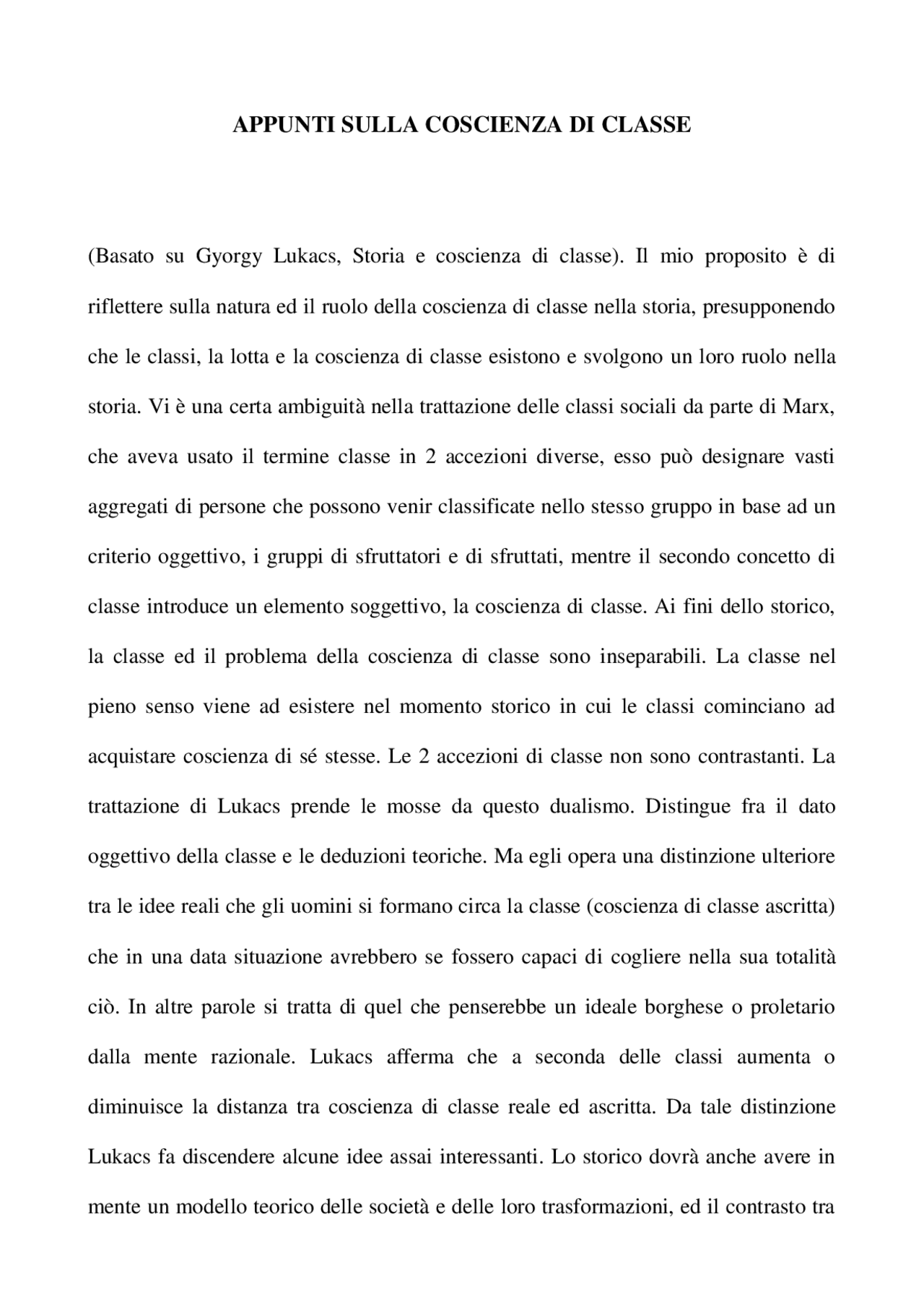 Appunti sulla coscienza di classe Docsity Appunti sulla coscienza di classe Docsity