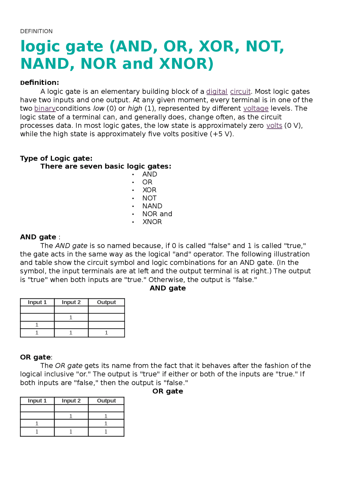 Logic gate (AND, OR, XOR, NOT, NAND, NOR and XNOR) - Docsity