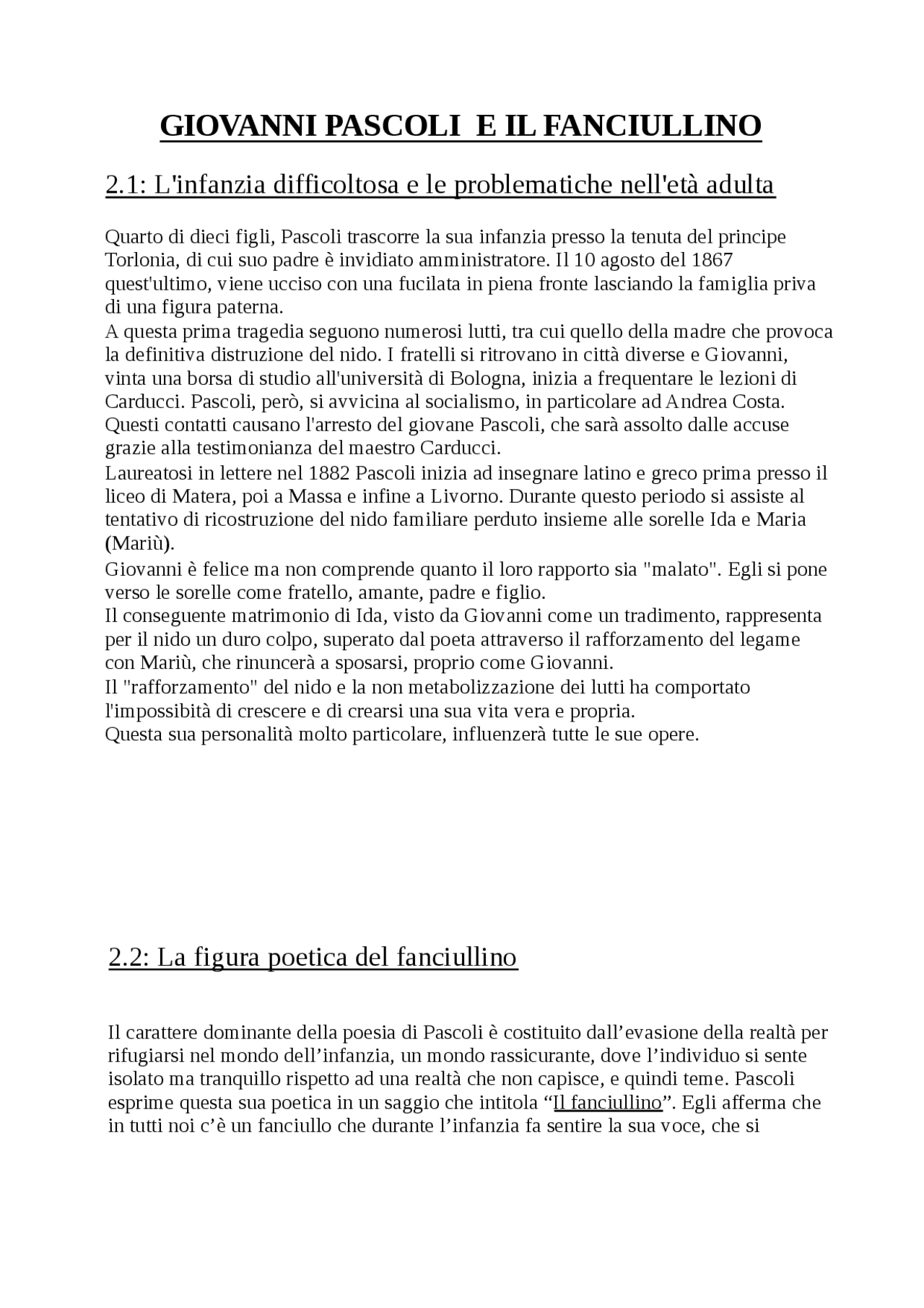 GIOVANNI PASCOLI E IL FANCIULLINO Docsity GIOVANNI PASCOLI E IL FANCIULLINO Docsity