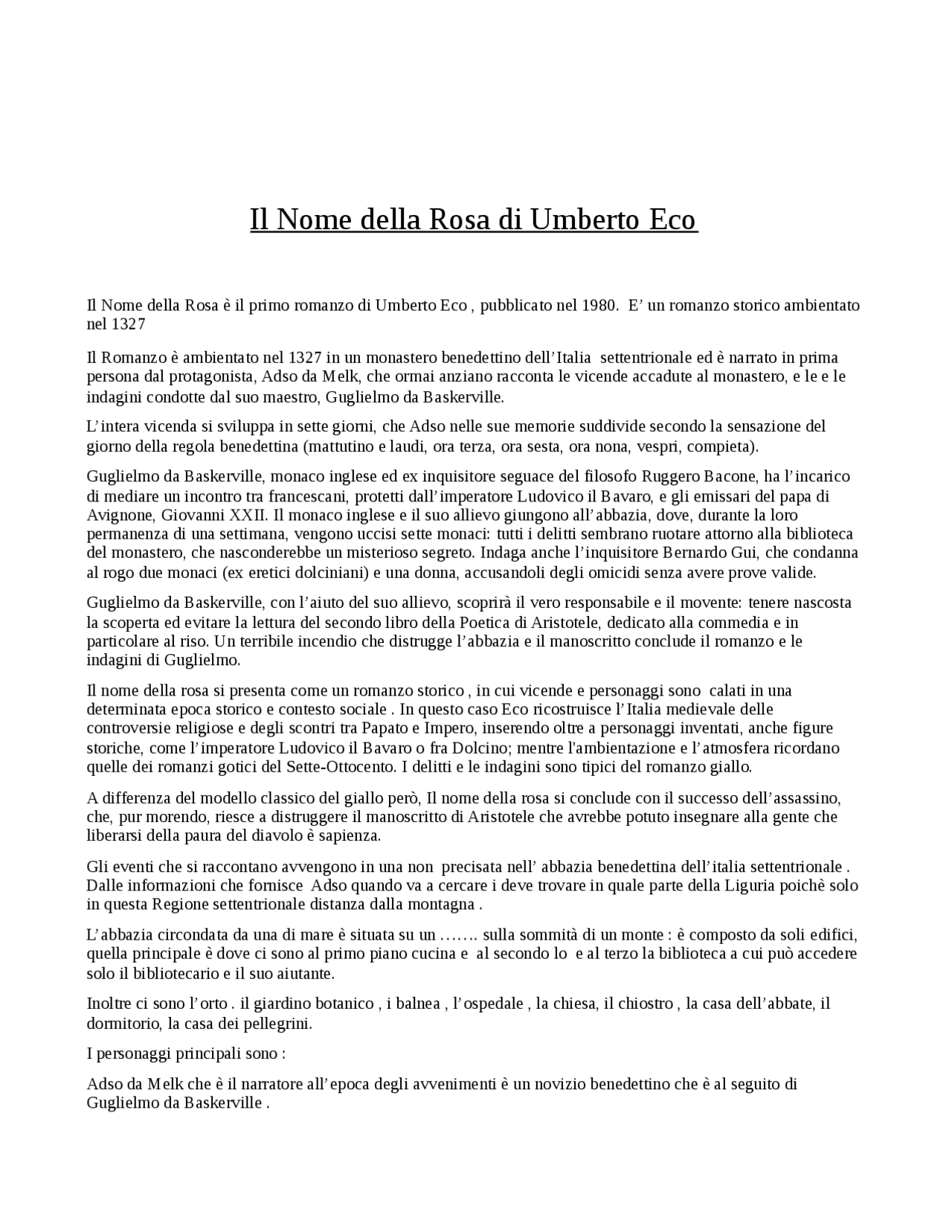 Il nome della rosa di umberto eco - Docsity