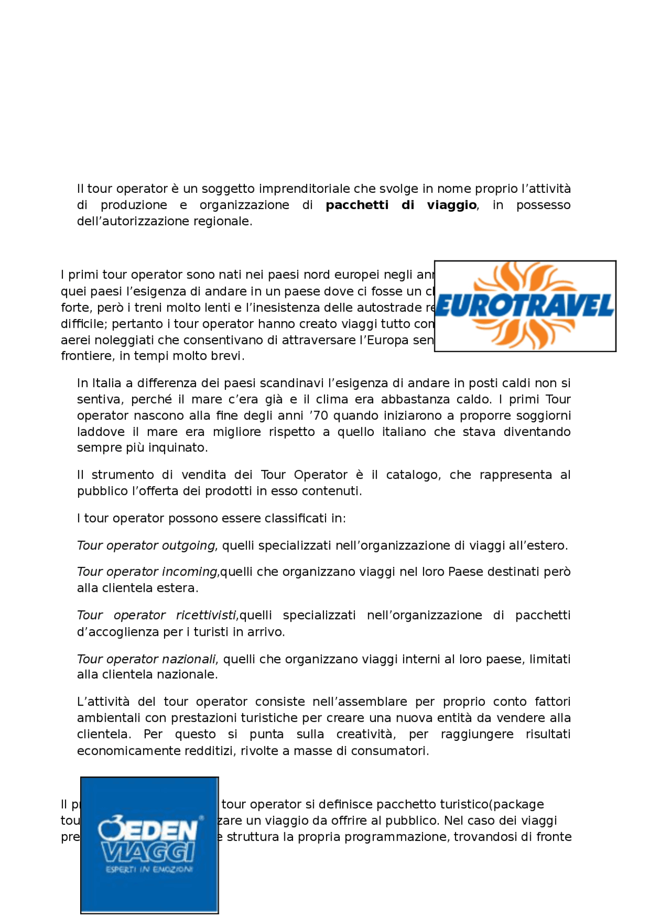 Il tour operator | Dispense di Economia aziendale | Docsity