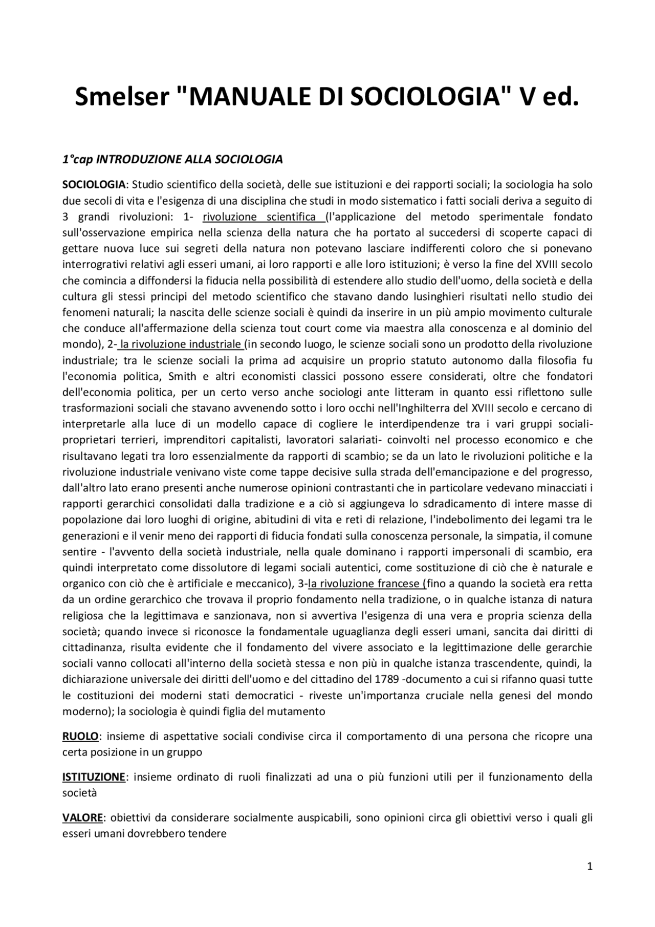 Riassunto SMELSER MANUALE DI SOCIOLOGIA 5a edizione - Docsity