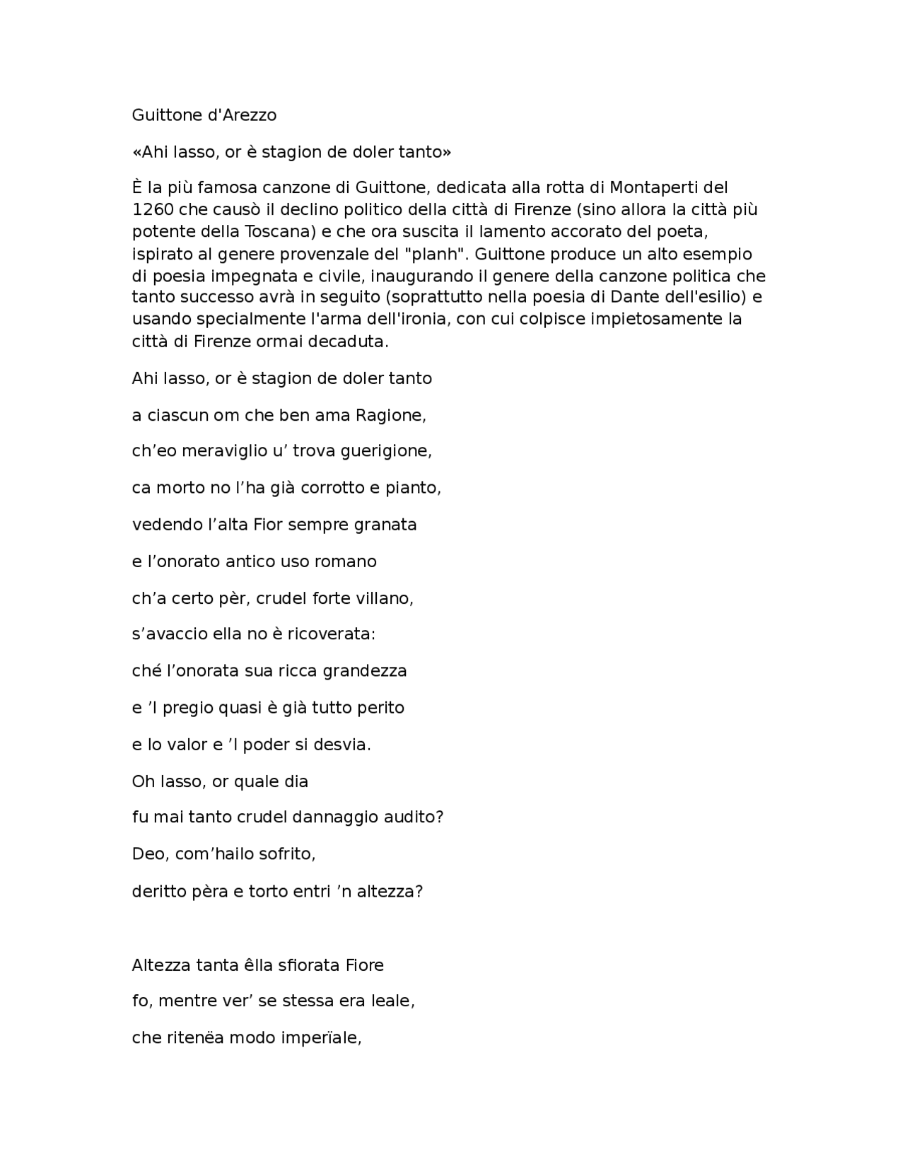 Guittone D Arezzo Ahi Lasso Or E Stagion De Doler Tanto Docsity