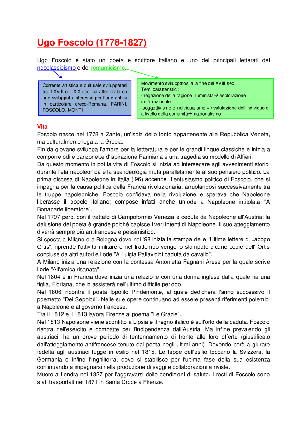 Ugo Foscolo riassunto completo Docsity Ugo Foscolo riassunto completo Docsity