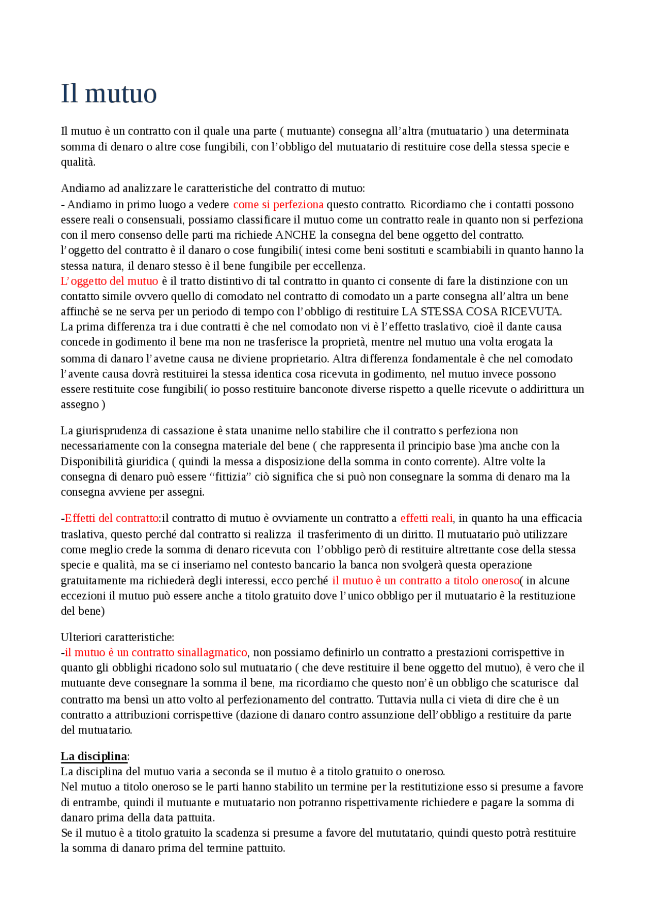 Il mutuo | Appunti di Diritto Bancario - Docsity