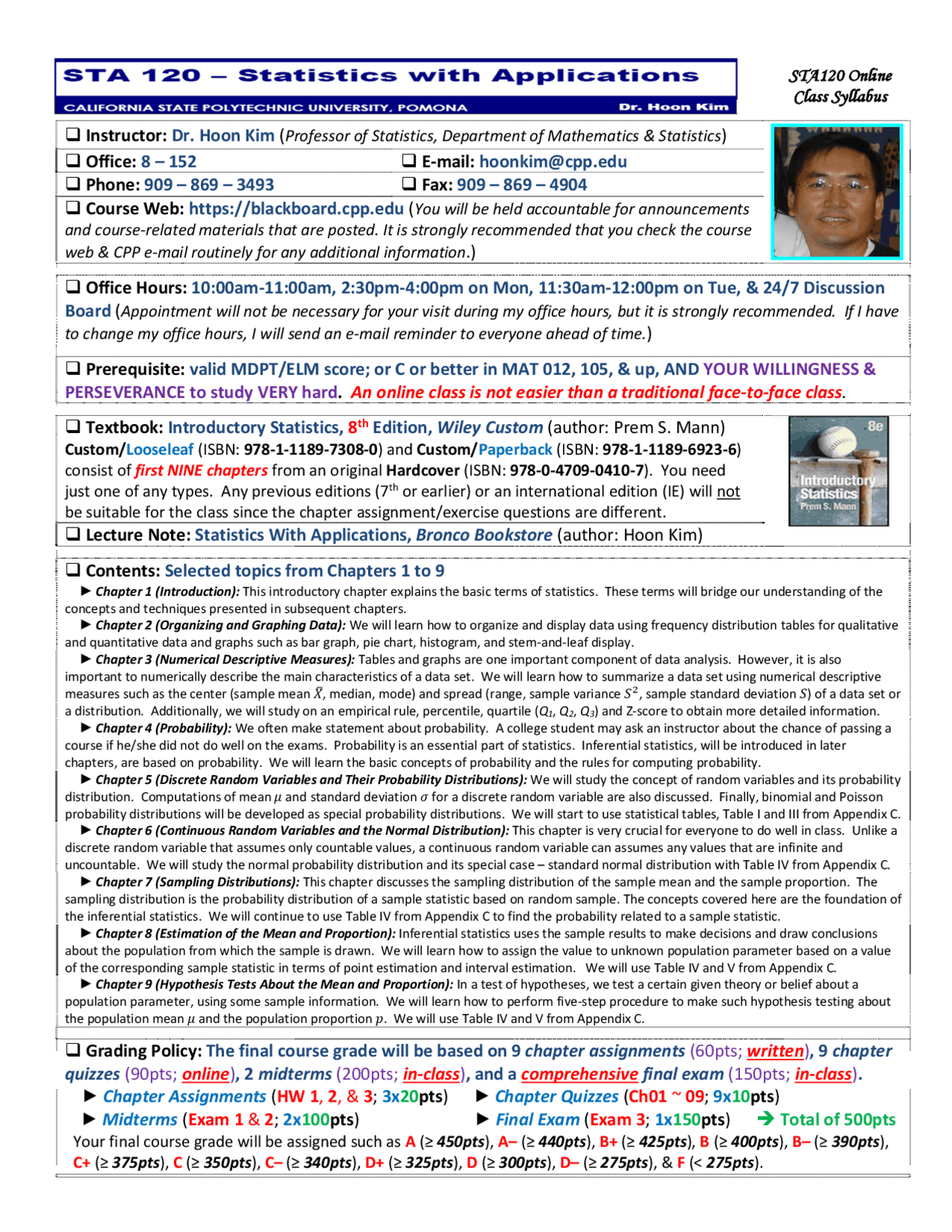 Course Syllabus - Statistics with Applications | STA 120 - Docsity