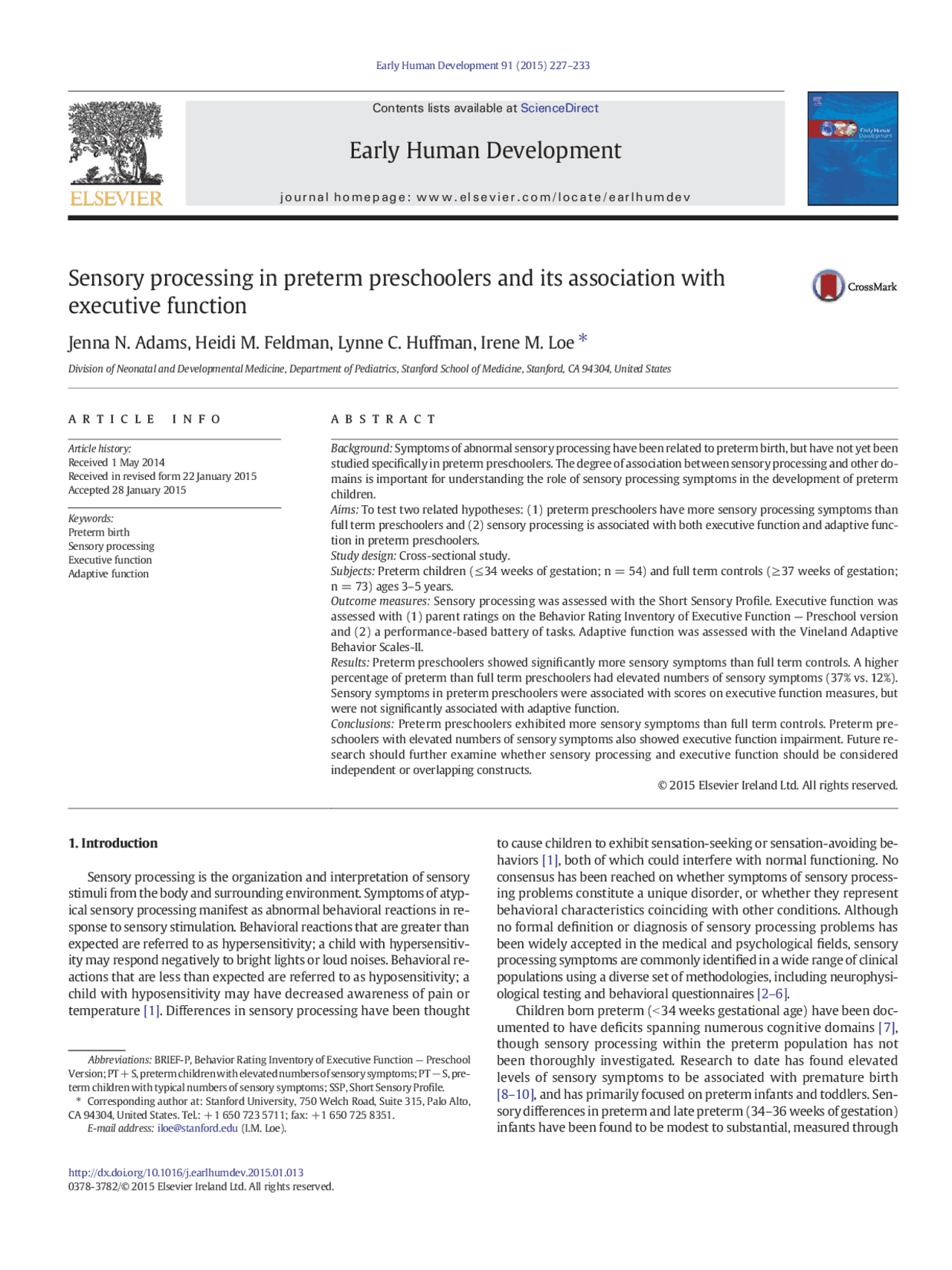 Sensory processing in preterm preschoolers and its association with ...