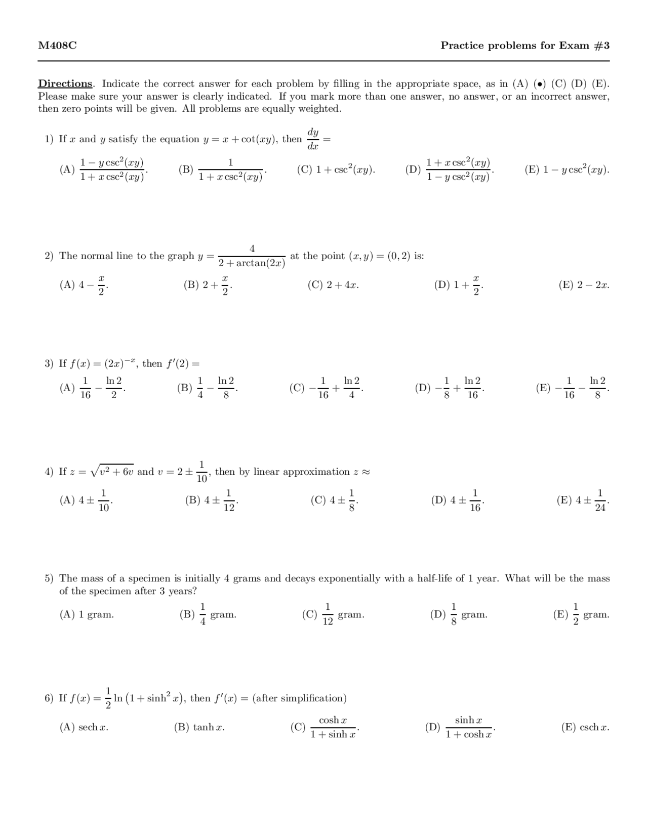 Practice Problem for Exam 3 - Differential and Integral Calculus | M ...