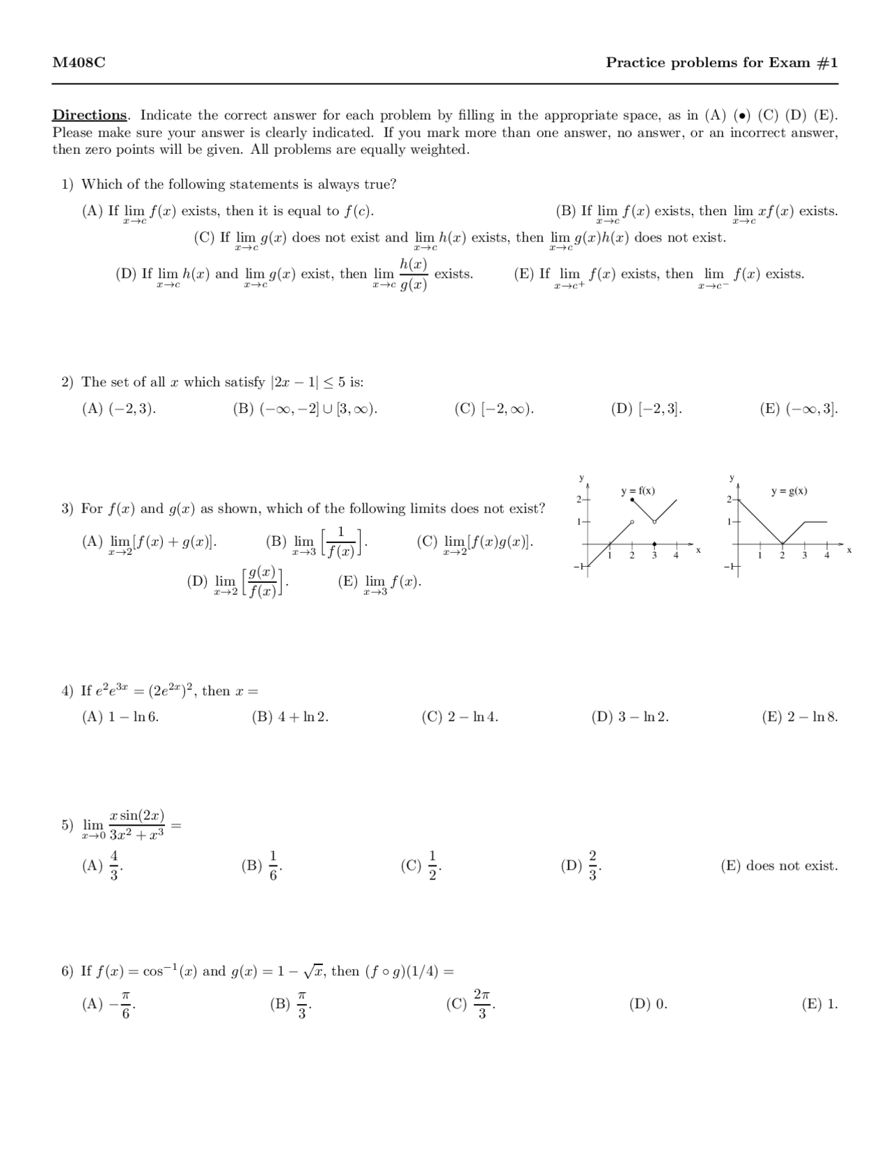 Practice Problems for Exam 1 - Differential and Integral Calculus | M ...