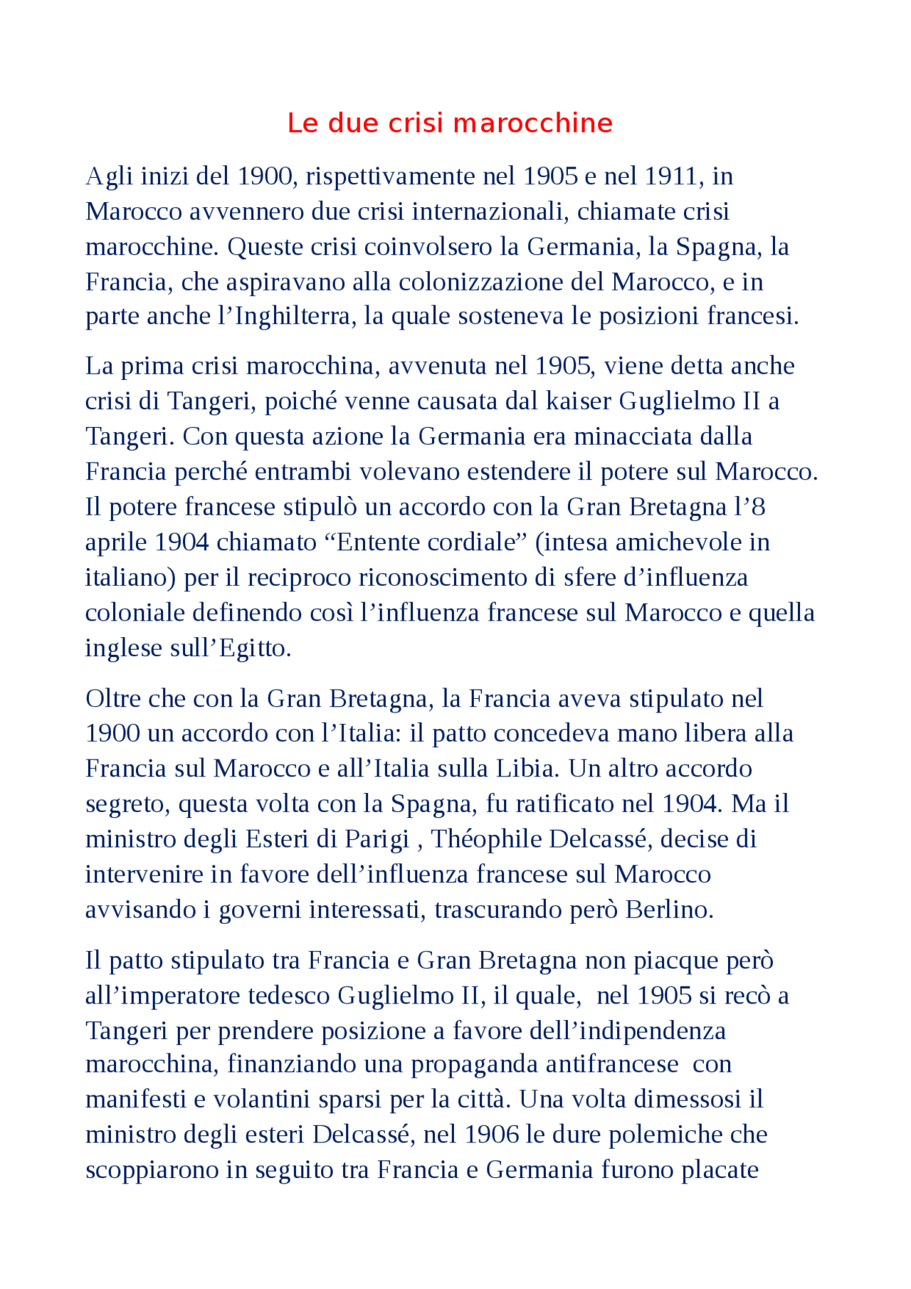 Le due crisi marocchine Sintesi del corso di Storia Docsity