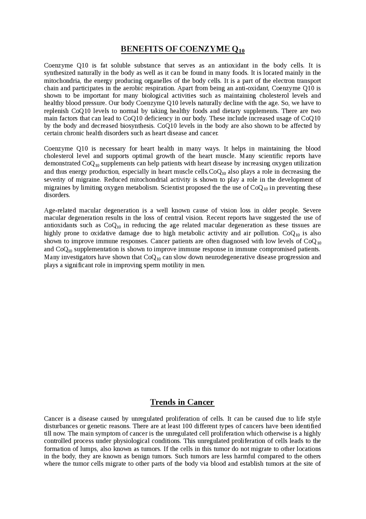 BENEFITS OF COENZYME Q10, Trends in Cancer and Recent trends in cardio