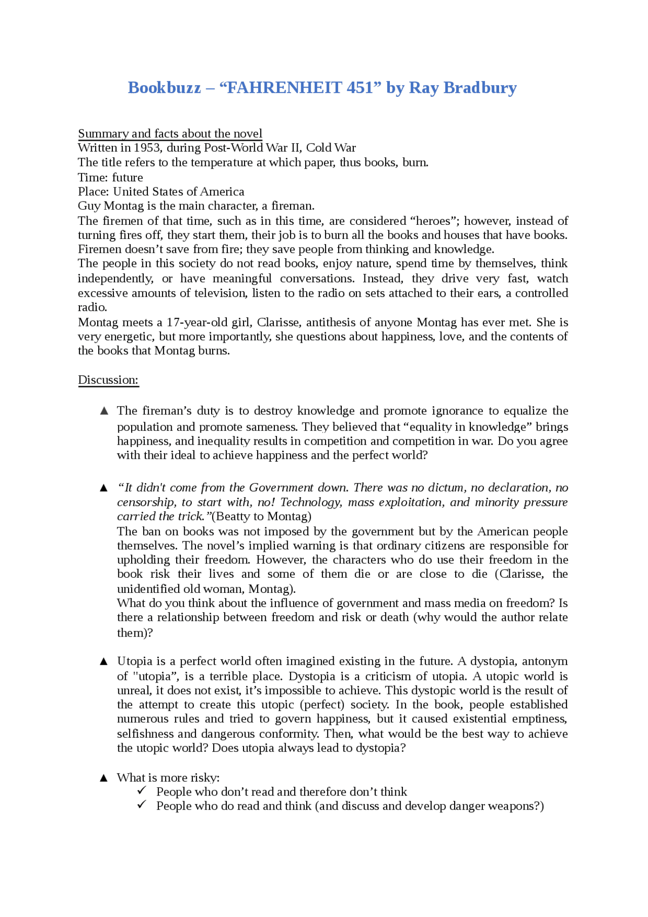 Fahrenheit 451 - some questions for analysis - Docsity