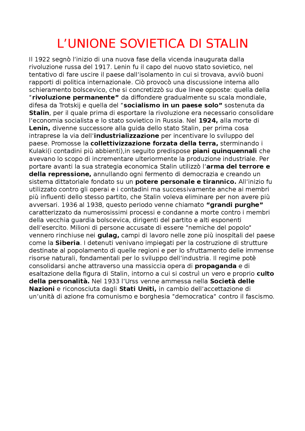 L'unione sovietica, STALIN Sintesi del corso