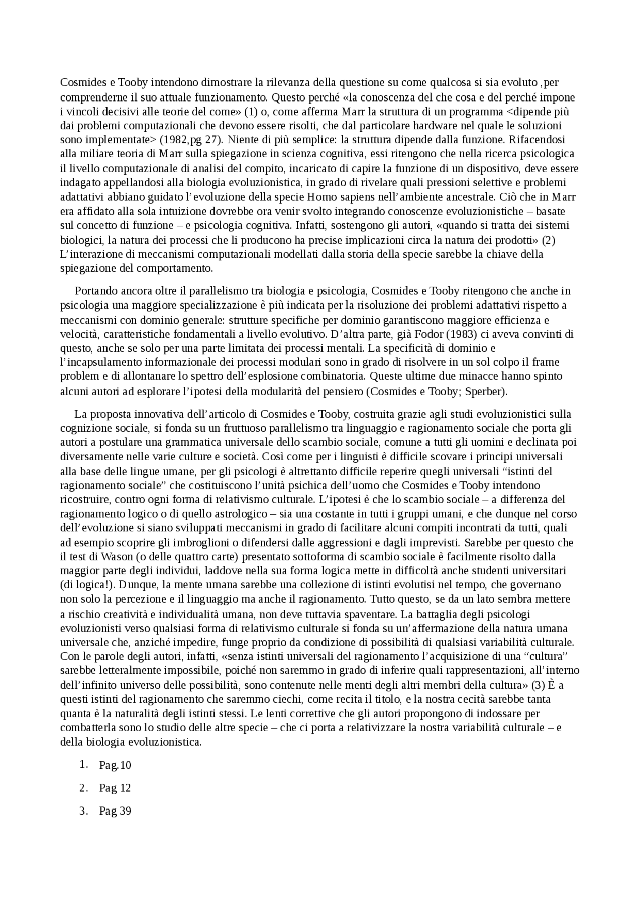 Cosmides e Tooby e la cecità agli istinti - Docsity