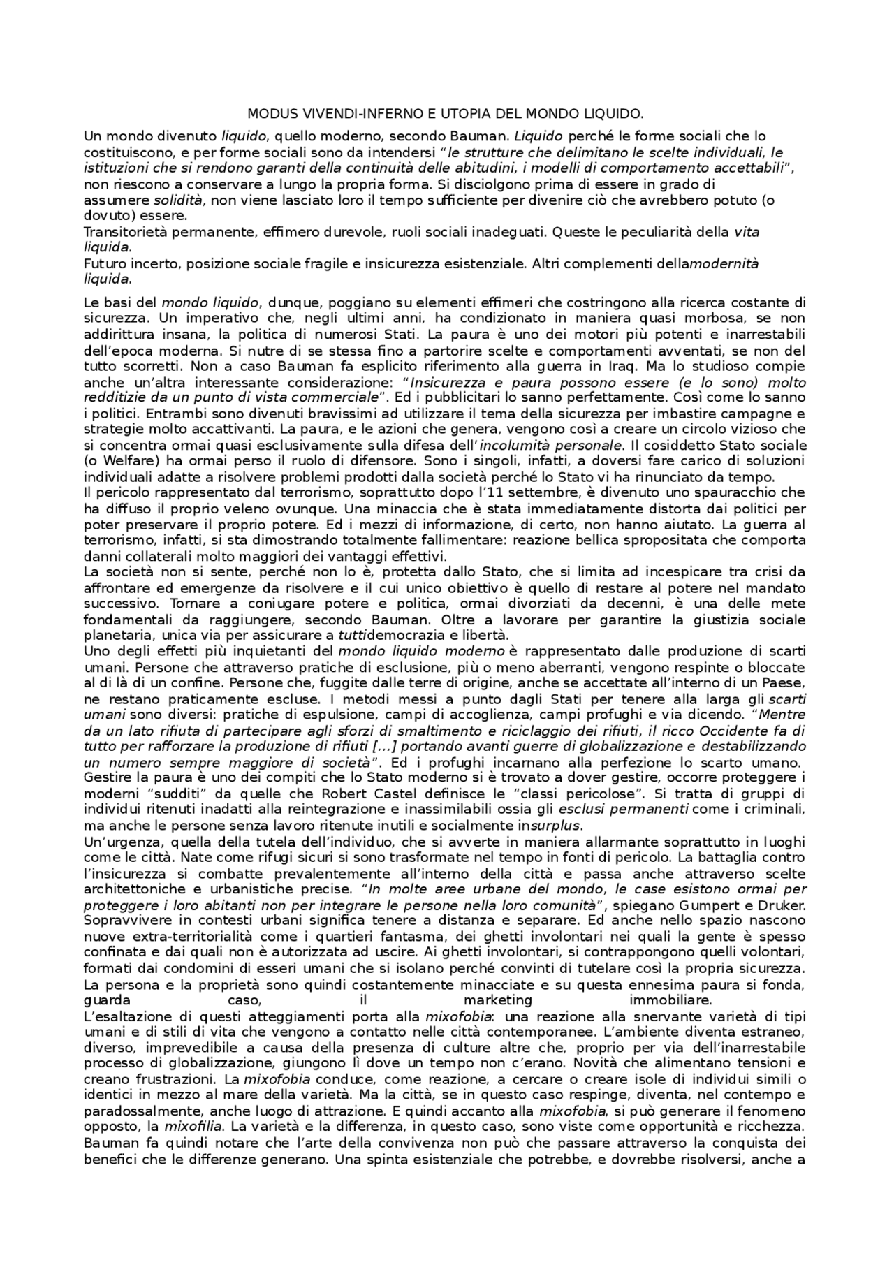 bauman modus vivendi | Appunti di Individualismo Metodologico | Docsity