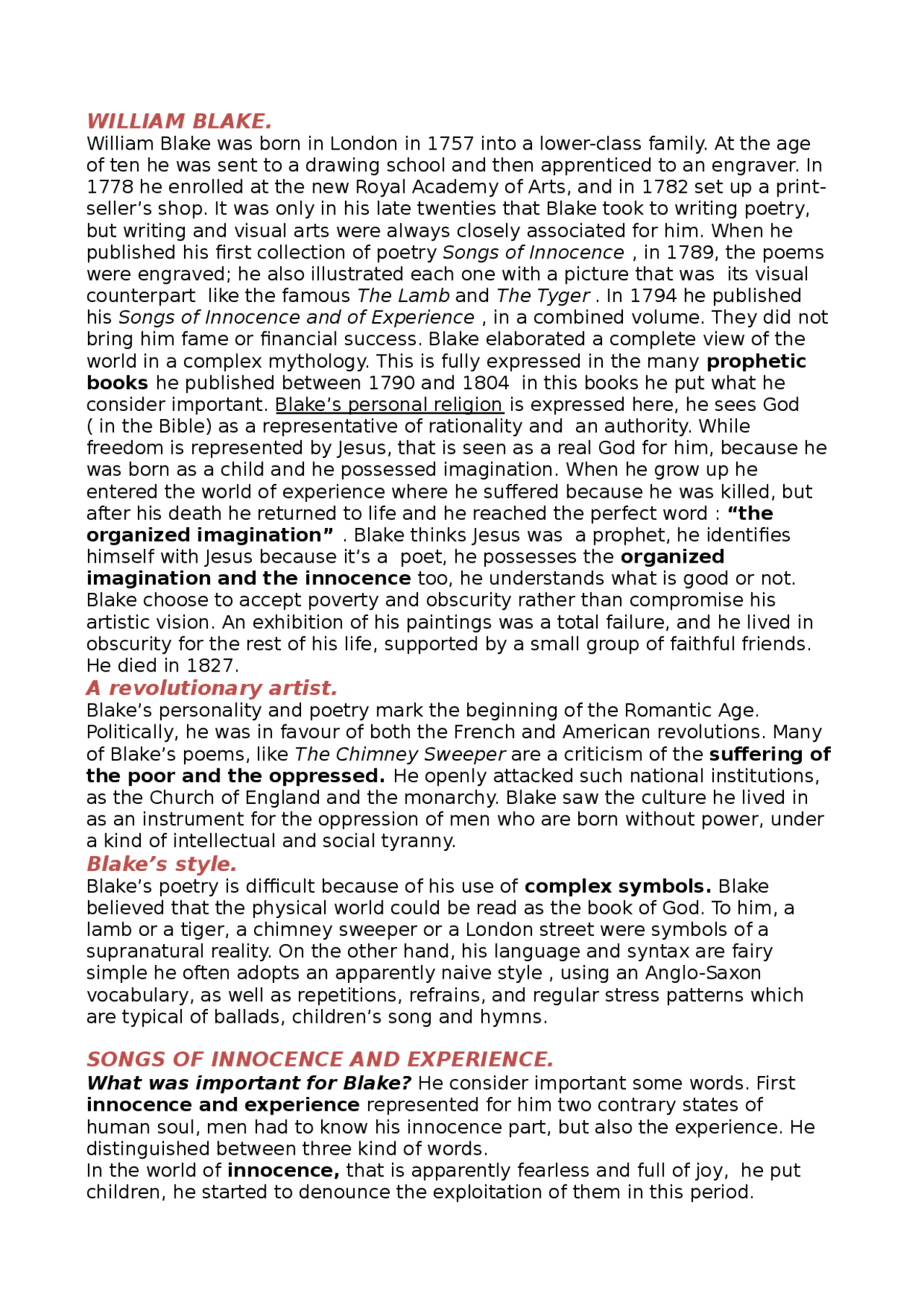 William Blake , Songs of Innocence and Experience | Study notes English ...