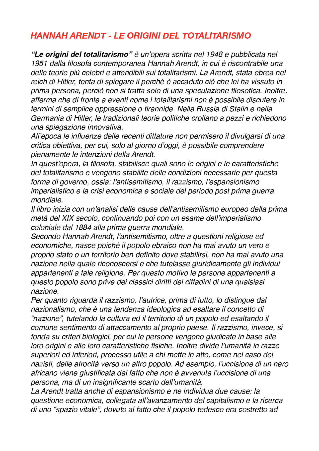 Hannah Arendt Le Origini Del Totalitarismo Riassunto