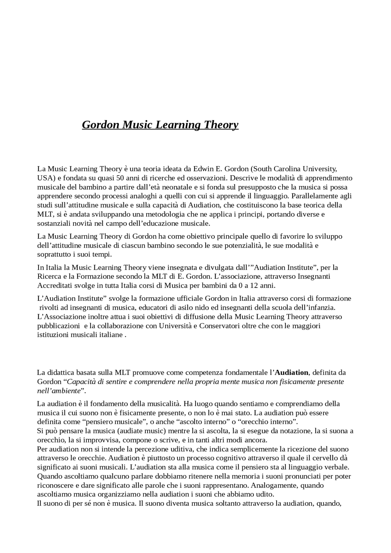 MUSIC LEARNING THEORY - Docsity