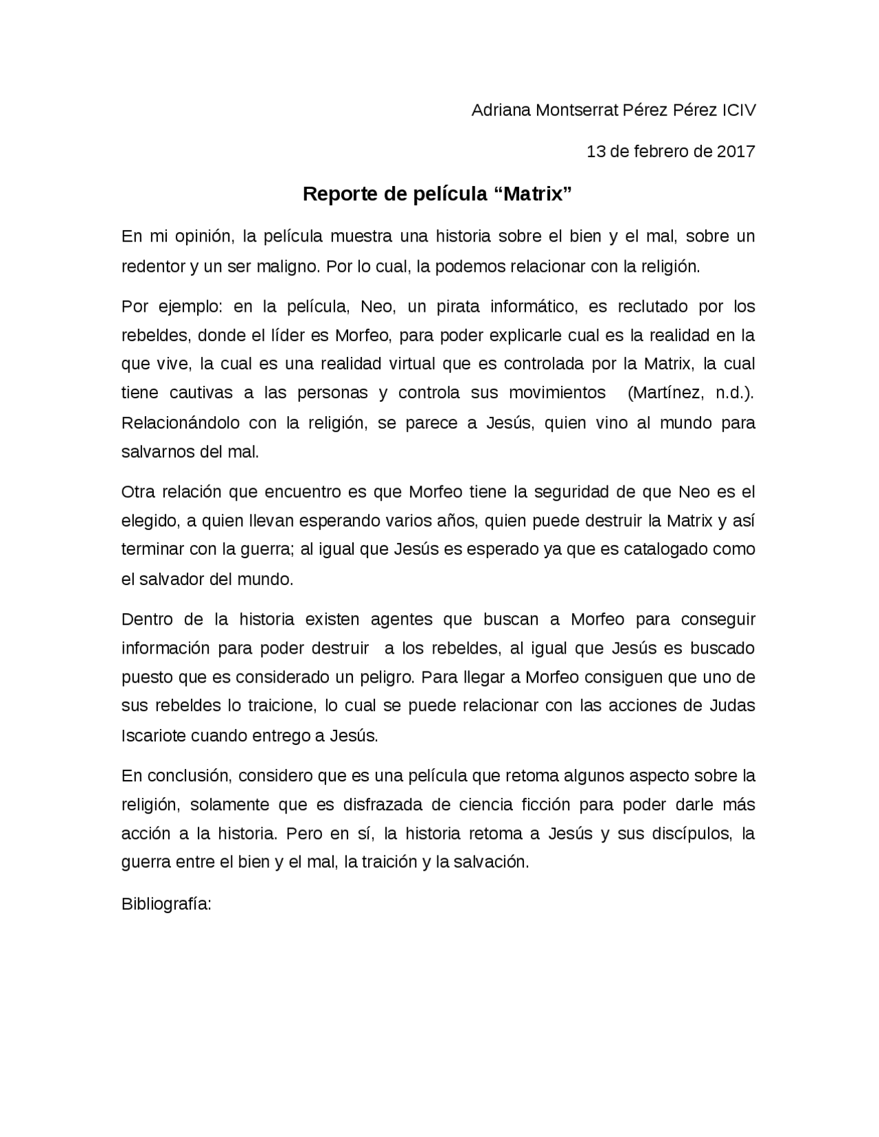 Resena De Matrix Comparandolo Con Religion Docsity