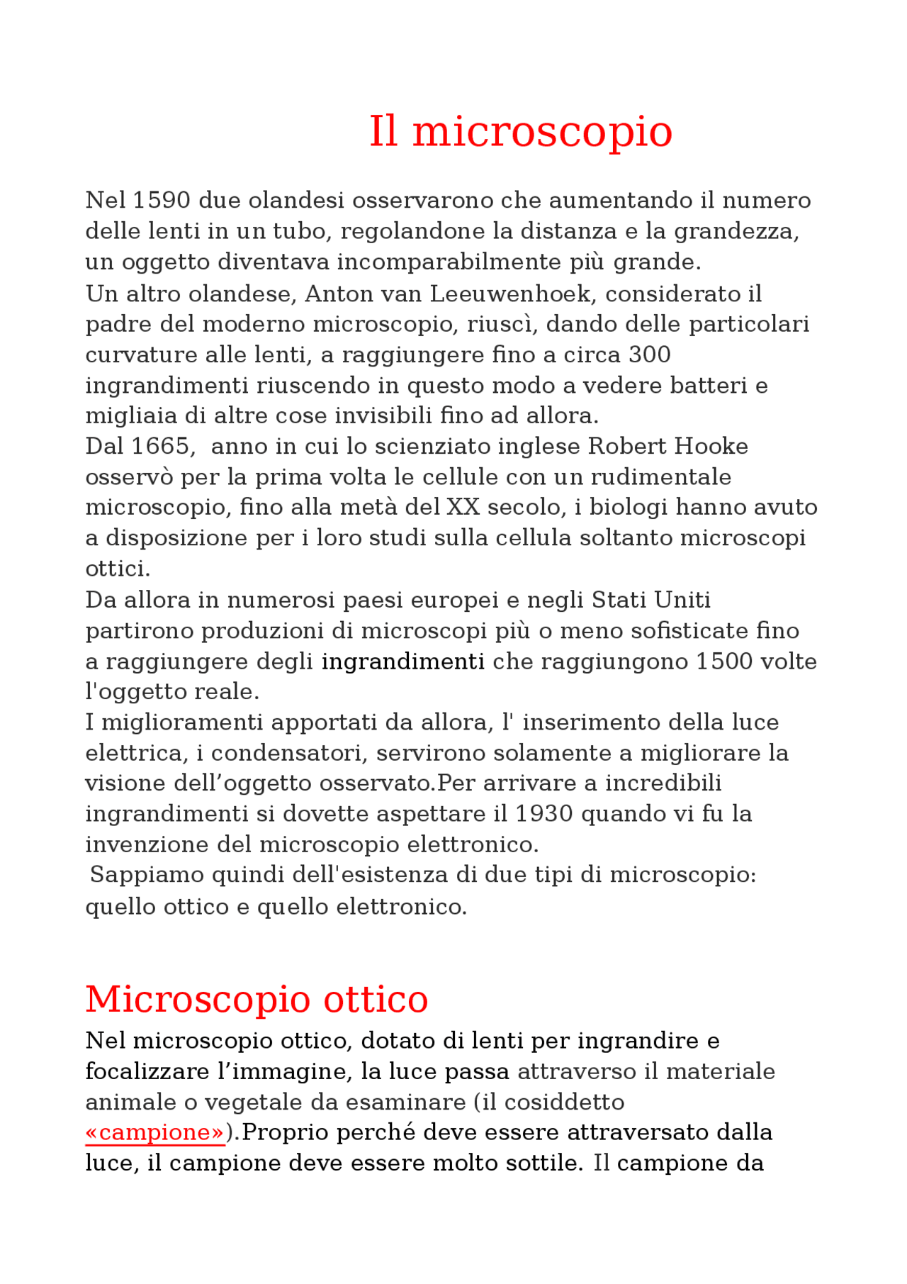 Il microscopio funzionamento e tipologie - Docsity