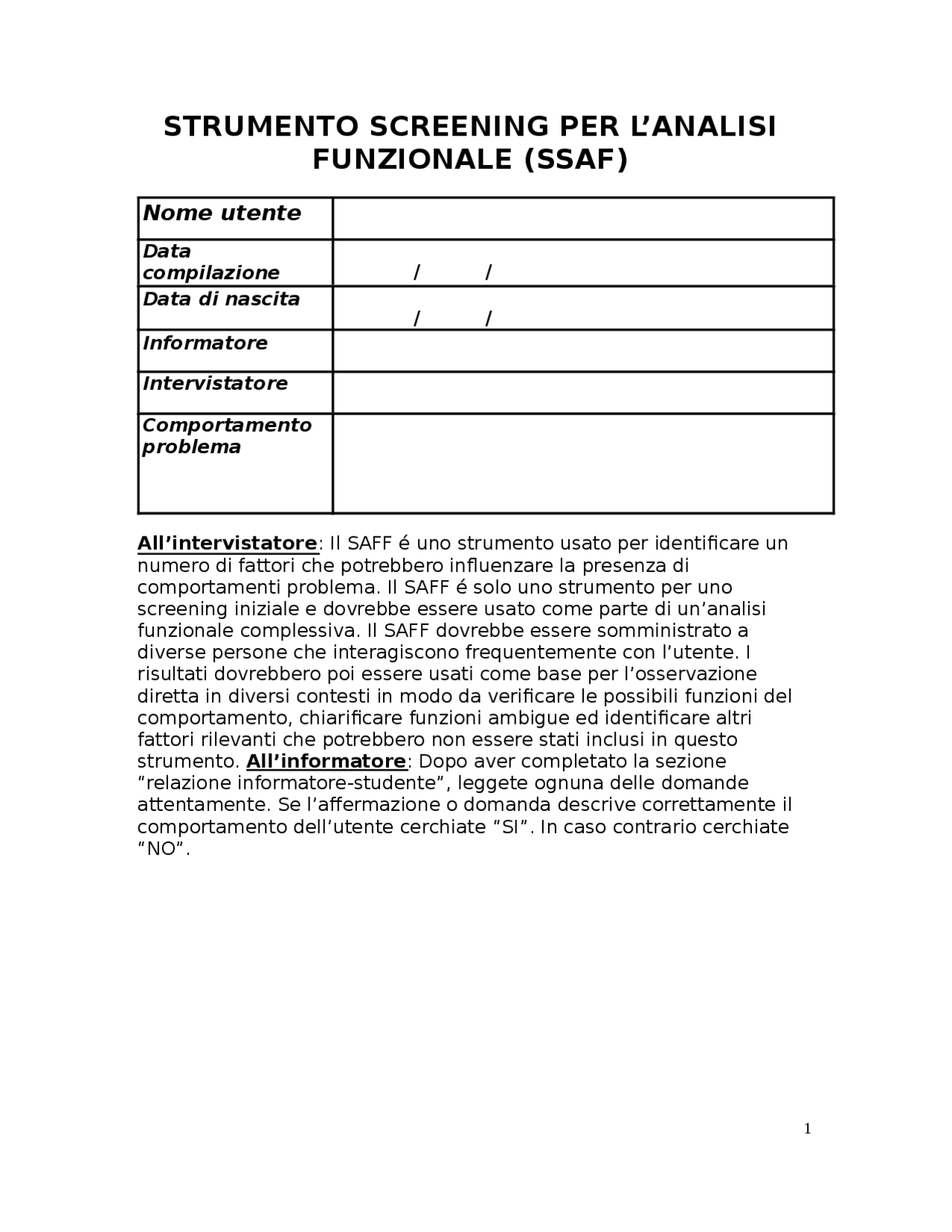 Sff Questionnaire.pdf SAFF QUESTIONARIO ANALISI FUNZIONALE - Docsity