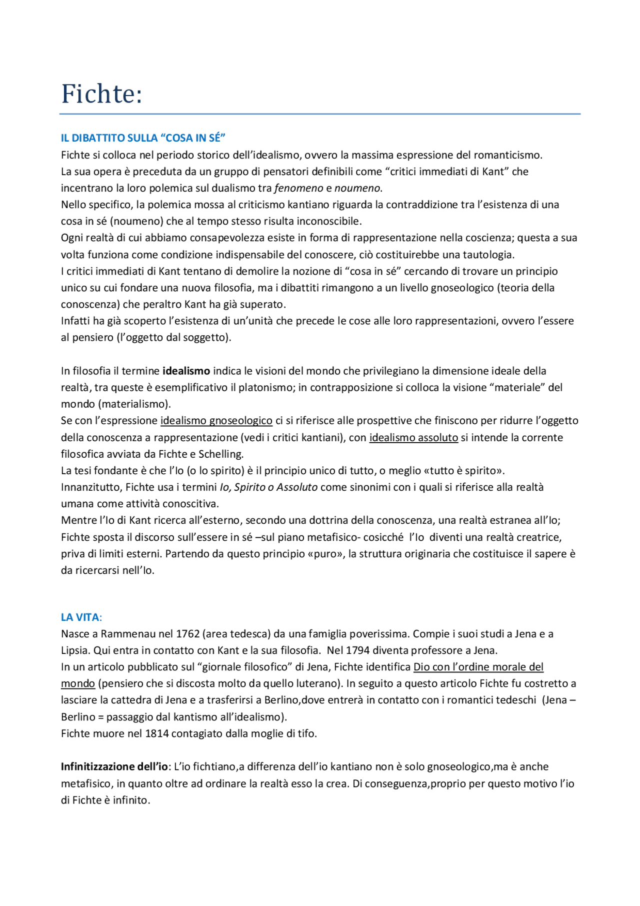 RIASSUNTO FICHTE E SCHELLING Docsity